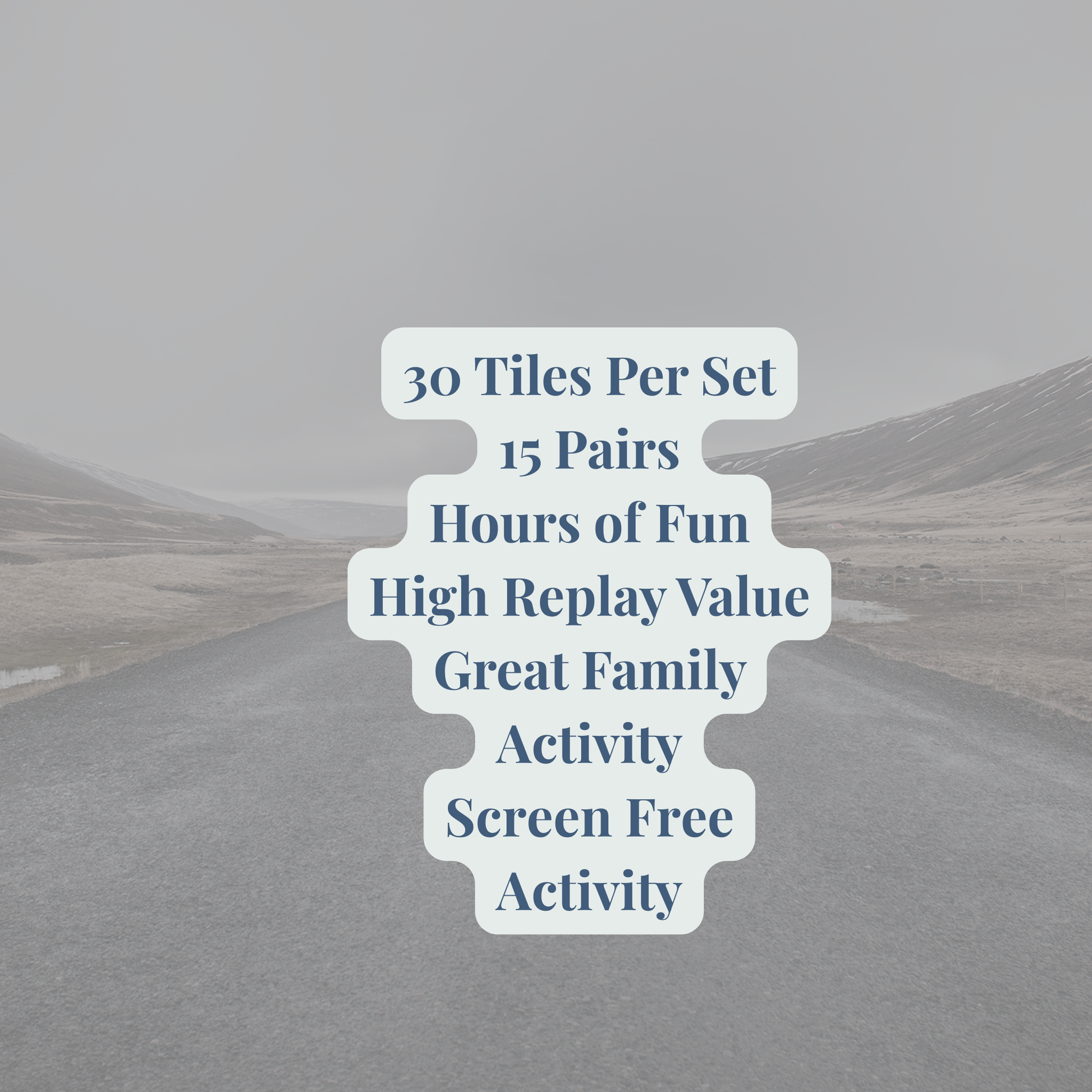 A foggy road background highlights key features: 30 tiles (15 pairs), hours of fun, high replay value—Mirabilia Boutique’s Transportation Match Game is a great family, screen-free activity with vehicles.