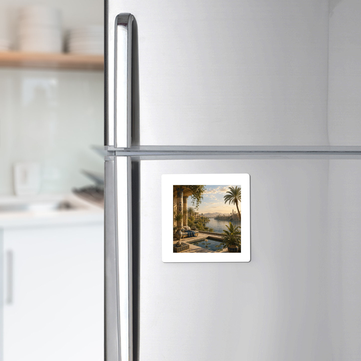 A silver refrigerator displays the View of the Nile Magnet by Mirabilia Boutique—a square collectible featuring ancient Egyptian art with a scenic landscape of a lotus pool, palm trees, and distant water. This unique magnet stands out against the softly blurred kitchen background.