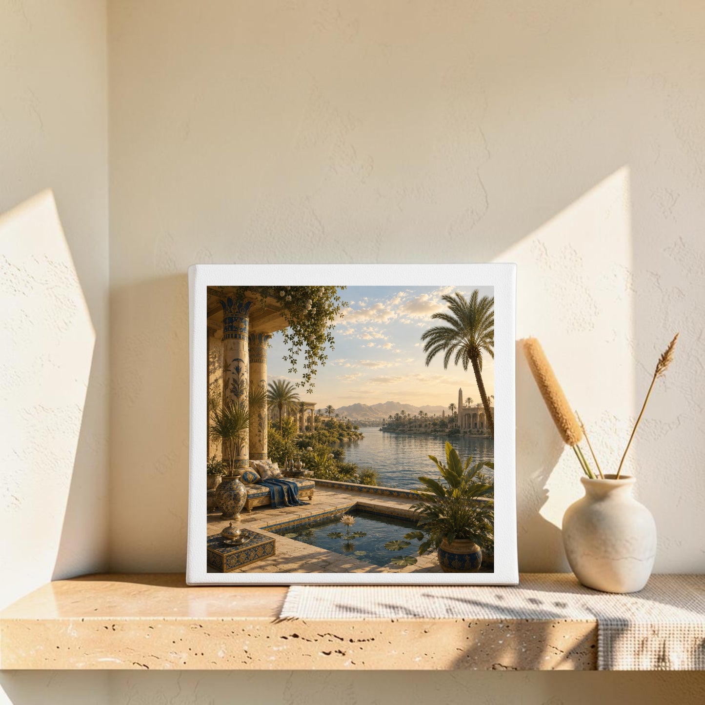 The “View of the Nile” Egyptian Canvas Wall Art by Mirabilia Boutique, featuring a tranquil riverside landscape with palm trees and classical architecture, is displayed on a beige shelf next to a ceramic vase filled with dried grass, all illuminated by warm sunlight.