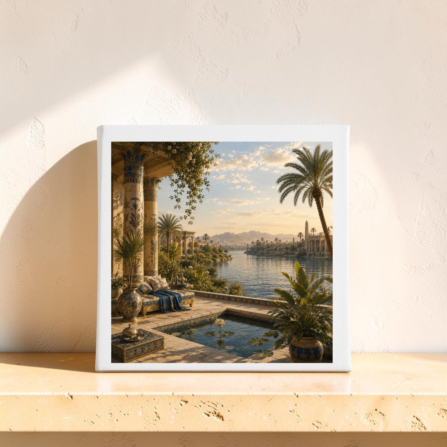 The “View of the Nile | Egyptian Canvas Wall Art” by Mirabilia Boutique, featuring a tranquil riverside landscape with palm trees, elegant columns, lush greenery, and distant mountains—capturing the enduring charm of ancient Egypt decor—is displayed on a light wooden shelf against a pale textured wall.