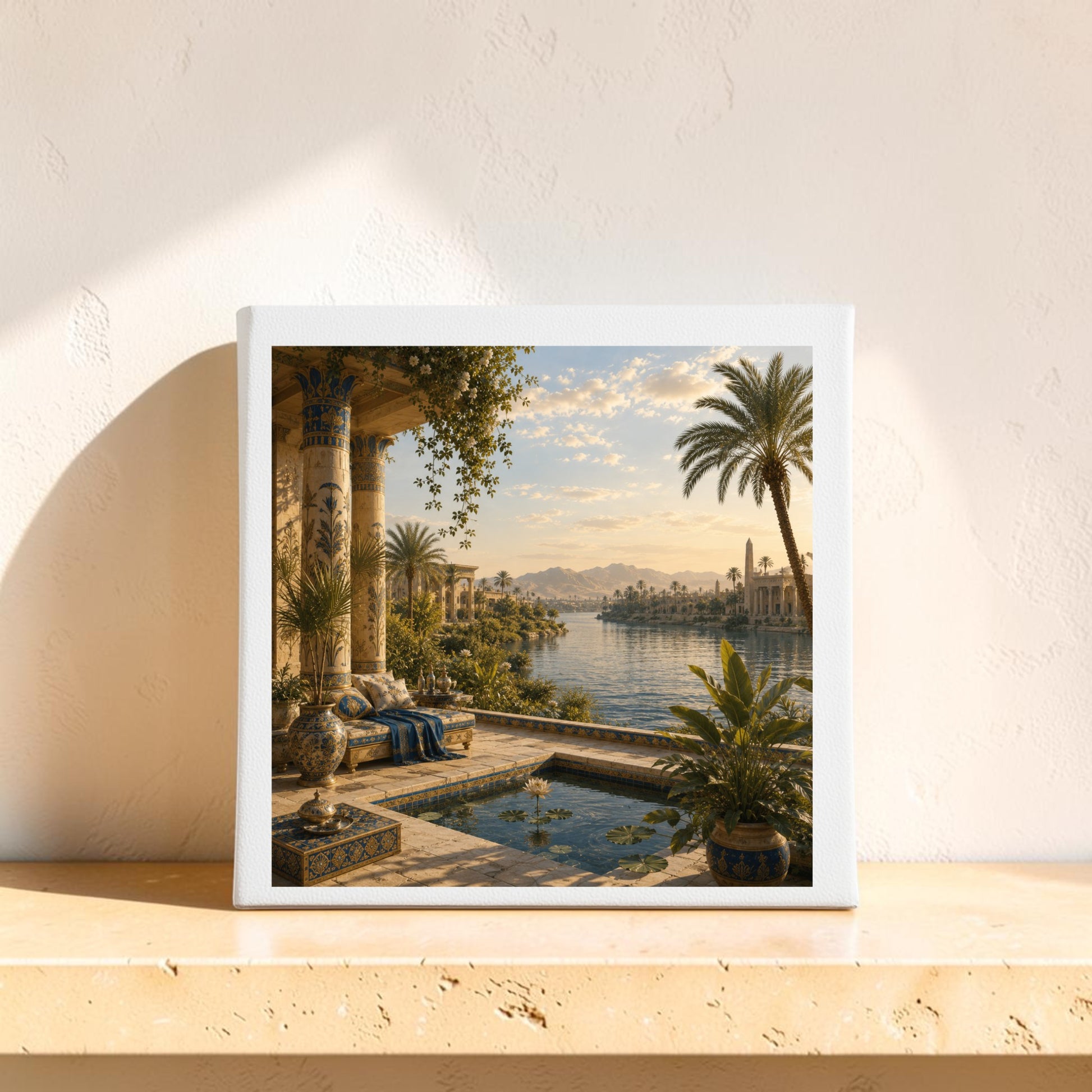 The “View of the Nile | Egyptian Canvas Wall Art” by Mirabilia Boutique, featuring a tranquil riverside landscape with palm trees, elegant columns, lush greenery, and distant mountains—capturing the enduring charm of ancient Egypt decor—is displayed on a light wooden shelf against a pale textured wall.