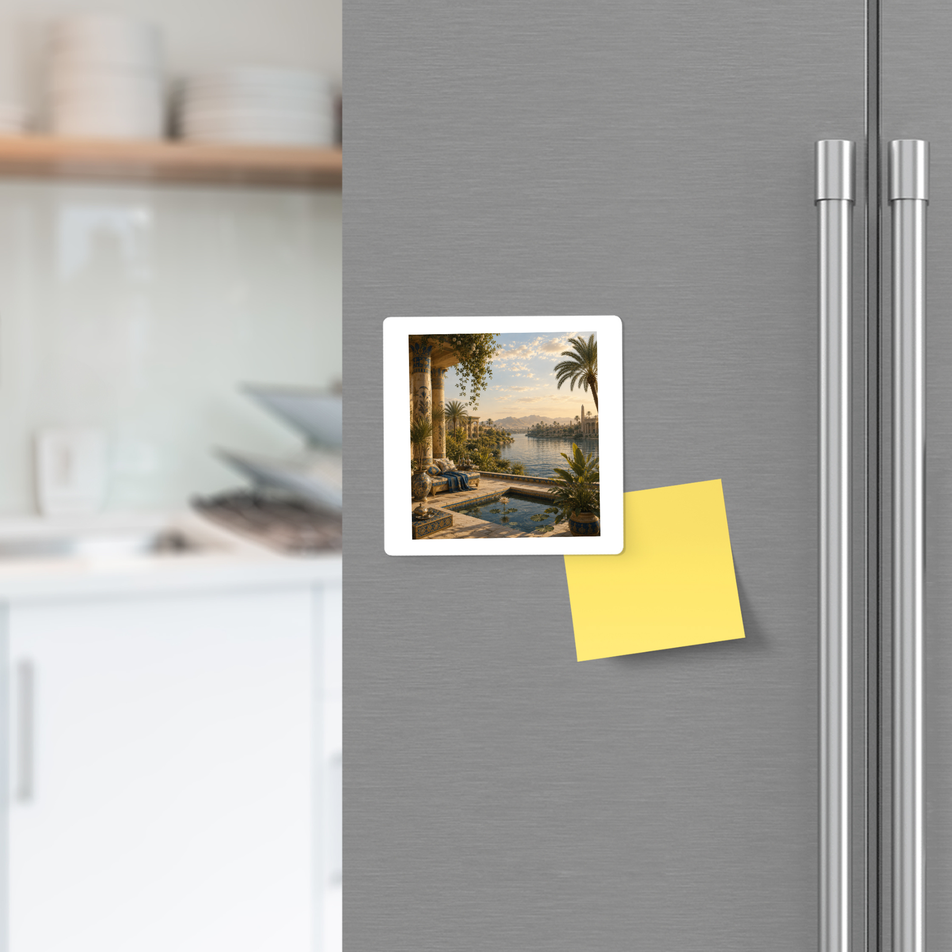 A photo and a yellow sticky note are attached to a silver refrigerator in a modern kitchen. Nearby, the “View of the Nile Magnet | Ancient Egyptian Art” by Mirabilia Boutique—a vibrant Egyptian collectible—adds a pop of color. The photo features an outdoor pool area with palm trees and a distant city skyline.