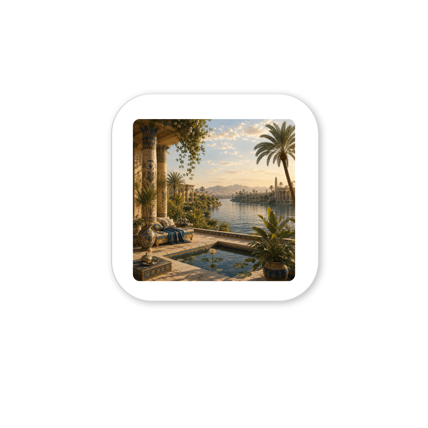 Experience tranquility with the “View of the Nile Magnet” by Mirabilia Boutique—an ancient Egyptian art collectible featuring a serene riverside scene with palm trees, majestic columns, lush greenery, and a lotus pool overlooking shimmering waters and distant mountains beneath a radiant sun.