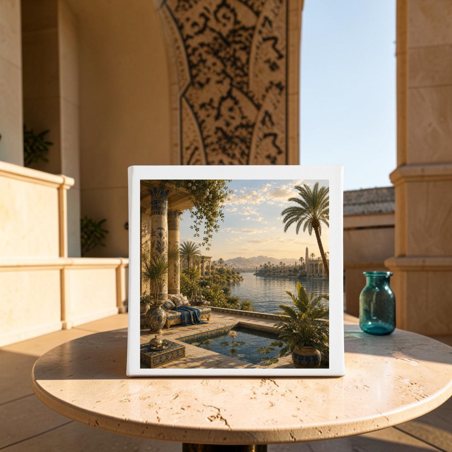 View of the Nile | Egyptian Canvas Wall Art by Mirabilia Boutique features an ornate tropical lakeside scene inspired by ancient Egypt, displayed outdoors on a round stone table and framed by elegant architectural columns with sunlight streaming in—an exquisite addition to any decor.