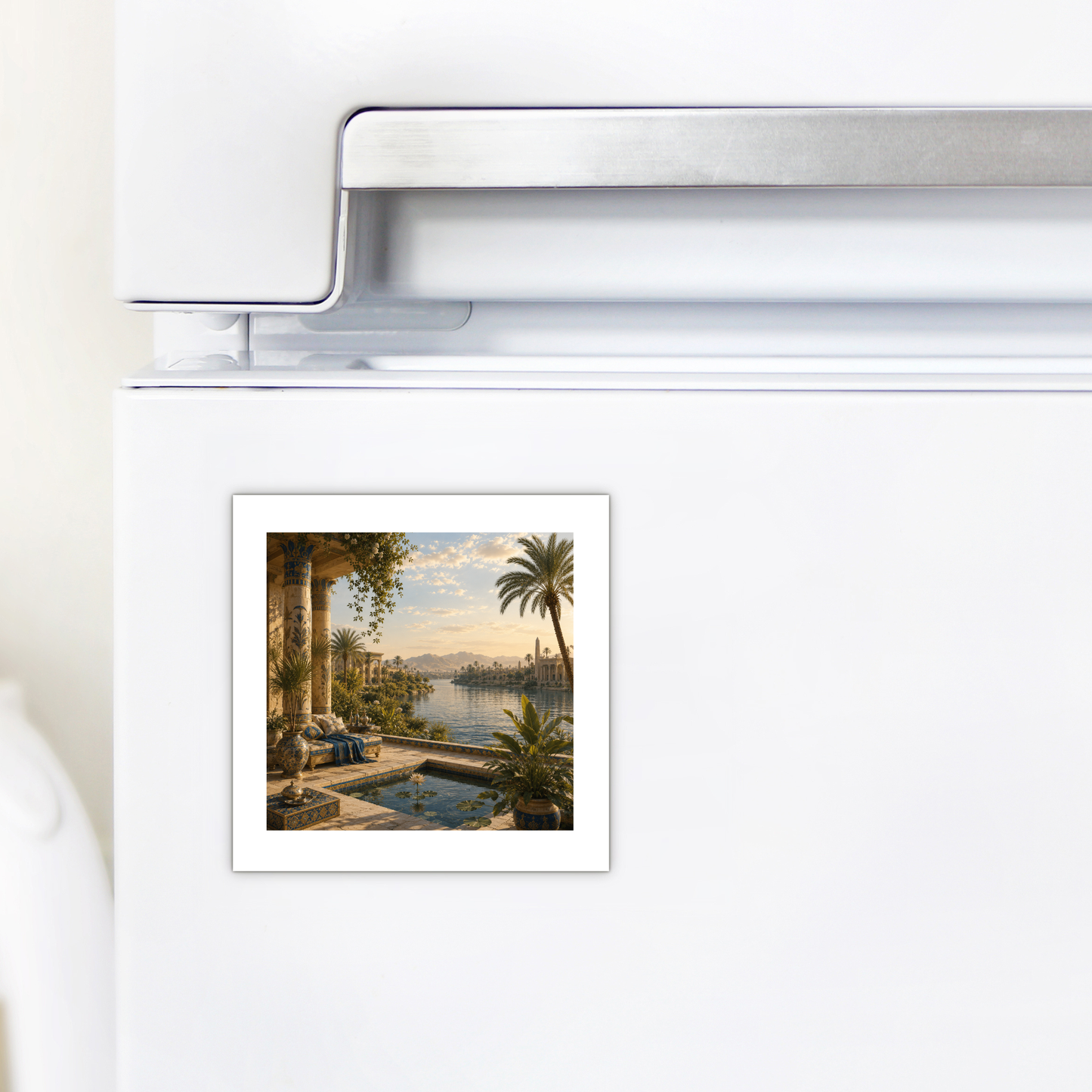 The View of the Nile Magnet | Ancient Egyptian Art by Mirabilia Boutique, featuring a scenic lotus pool, palm trees, and ancient-style columns in a compact square design, is displayed on a white refrigerator door—a perfect Egyptian collectible for any travel enthusiast.