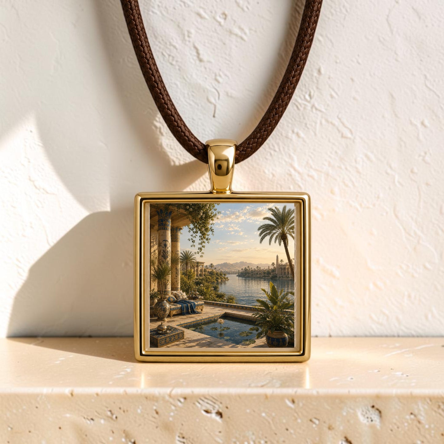 Introducing the “View of the Nile | Scene Pendant Necklace” by Mirabilia Boutique—a gold pendant featuring a detailed lakeside villa, palm trees, and mountain scene. Hanging on a brown cord against a textured white background, this miniature artwork necklace perfectly embodies timeless elegance in every detail.
