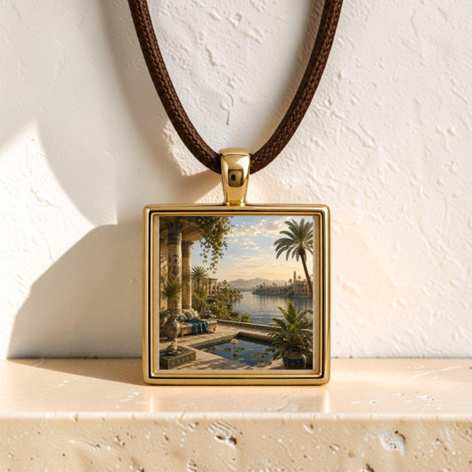 Introducing the “View of the Nile | Scene Pendant Necklace” by Mirabilia Boutique—a gold pendant featuring a detailed lakeside villa, palm trees, and mountain scene. Hanging on a brown cord against a textured white background, this miniature artwork necklace perfectly embodies timeless elegance in every detail.