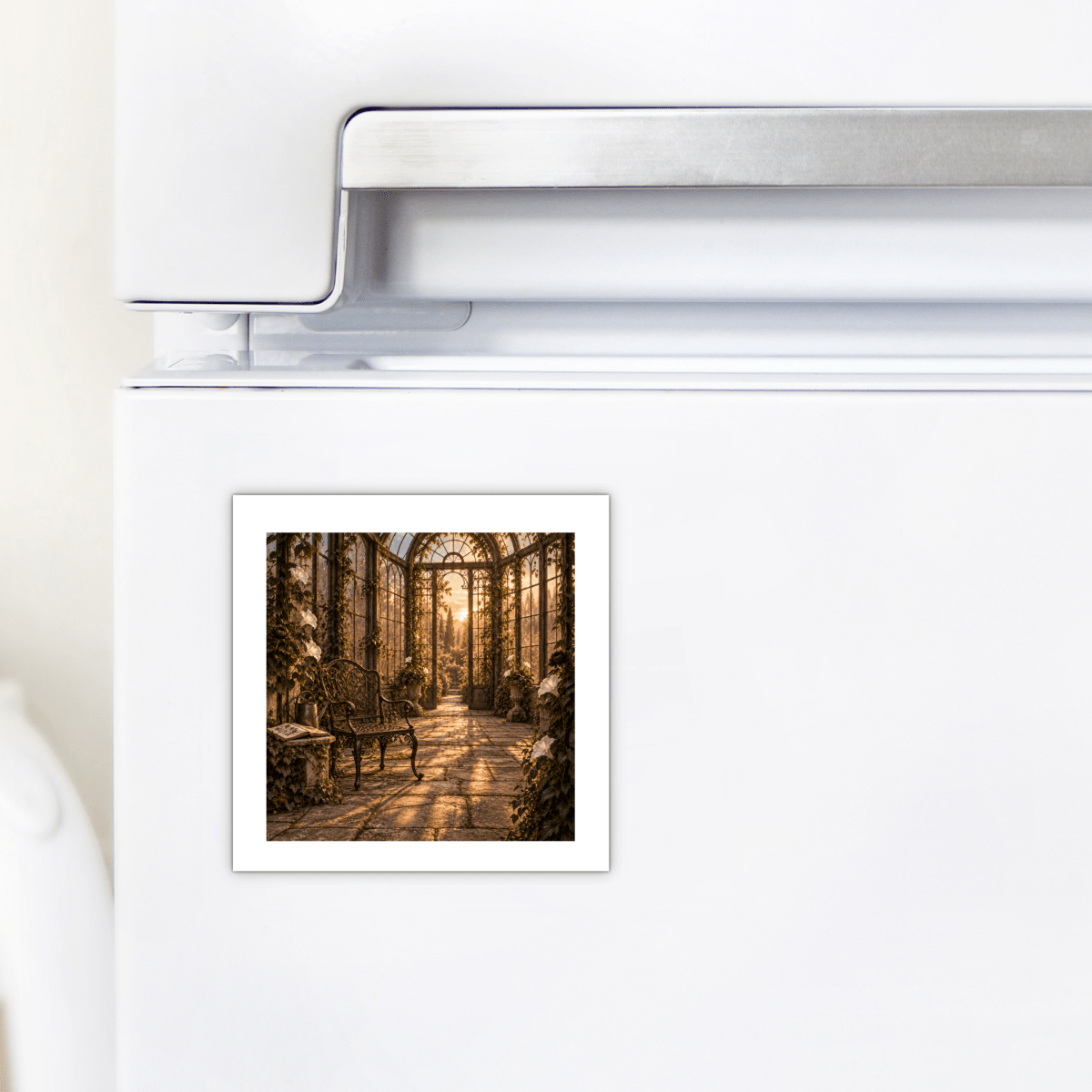 Certainly! Here’s a rewritten sentence using your product data: The Last Light in the Conservatory Magnet by Mirabilia Boutique features a sunlit glass conservatory with benches and lush plants, attached to a white refrigerator door—a perfect botanical gift for any lover of garden art from Velvet Ruins.