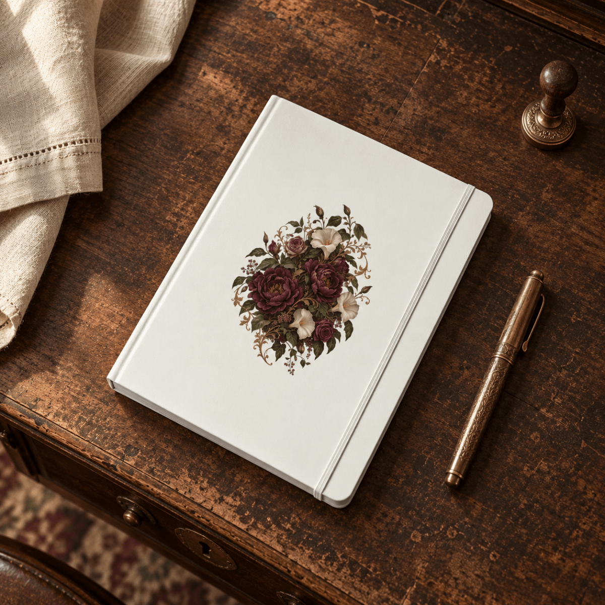 A Moon Garden Floral Journal by Mirabilia Boutique rests on a wooden desk beside a gold pen, an old-fashioned stamp, and a beige cloth.
