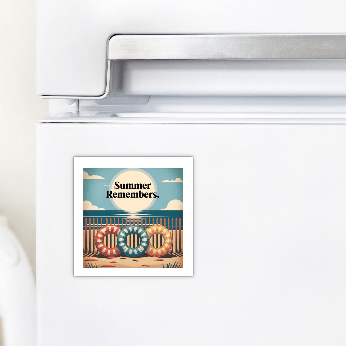 Mirabilia Boutique’s Summer Remembers Magnet – Vintage Coastal Fridge Art features a beach scene with float rings, sand, and blue sky—an ideal gift or decor accent for beach lovers and coastal homes.