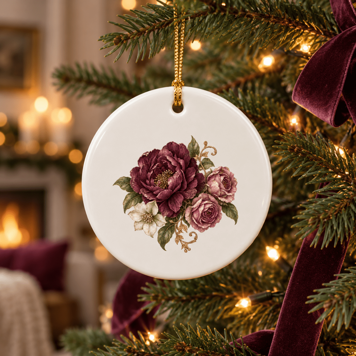 A round ceramic ornament from Mirabilia Boutique, “The Garden Remembered Ceramic Ornament | Velvet Ruins,” featuring an elegant bouquet design, hangs amidst twinkling lights and deep red velvet ribbon on a Christmas tree; the softly lit, cozy room beyond highlights its charm—making it an ideal gift for the flower enthusiast in your life.