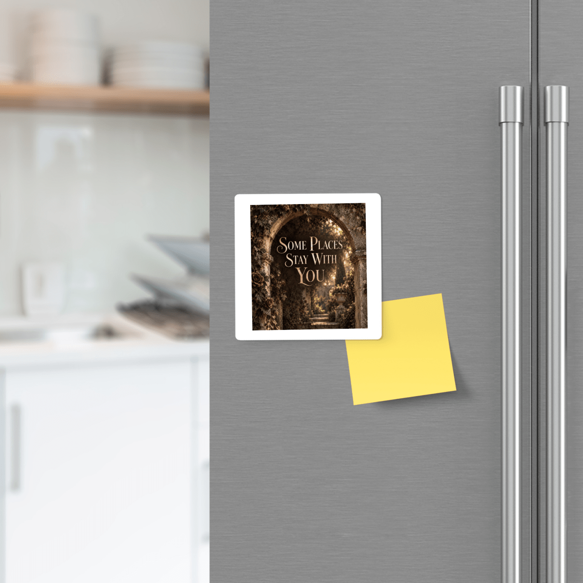 A modern kitchen featuring a Mirabilia Boutique “Some Places Stay With You” Magnet from Velvet Ruins, displayed alongside a yellow sticky note and a decorative photo on the fridge.