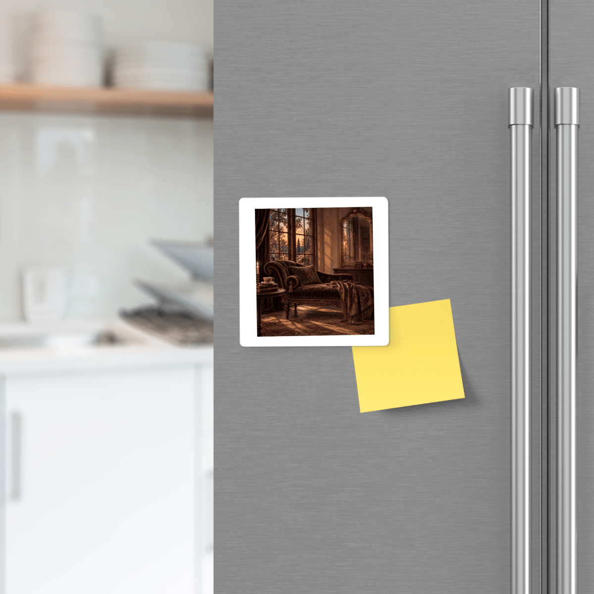 A refrigerator door featuring a square image of a luxurious lounge as “The Room That Waited Magnet | Velvet Ruins” by Mirabilia Boutique, displayed next to a blank yellow sticky note. Out-of-focus kitchen shelves with dishes appear in the background, creating the ideal setting for showcasing this charming gift.