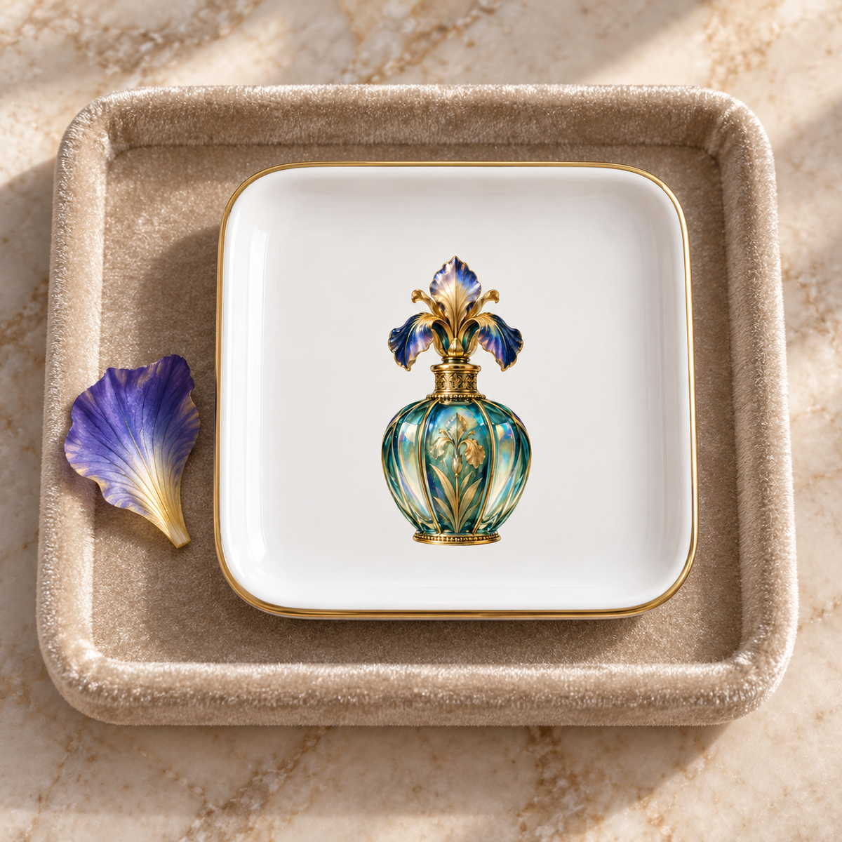 The Iris Perfume Bottle Jewelry Tray | Gilded Reverie from Mirabilia Boutique features a square white plate with a gold-trimmed edge, beautifully adorned with an ornate blue perfume bottle design; presented on a decorative tray beside it rests a single purple flower petal.