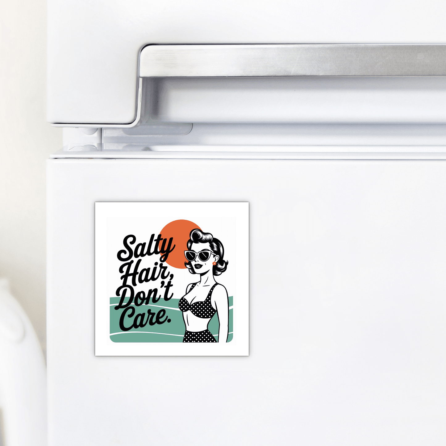 The Mirabilia Boutique Salty Hair Don’t Care Magnet features a retro beach design with a woman in sunglasses, a polka dot bikini, and an orange sun—perfect for adding playful style to your fridge or beach house decor.