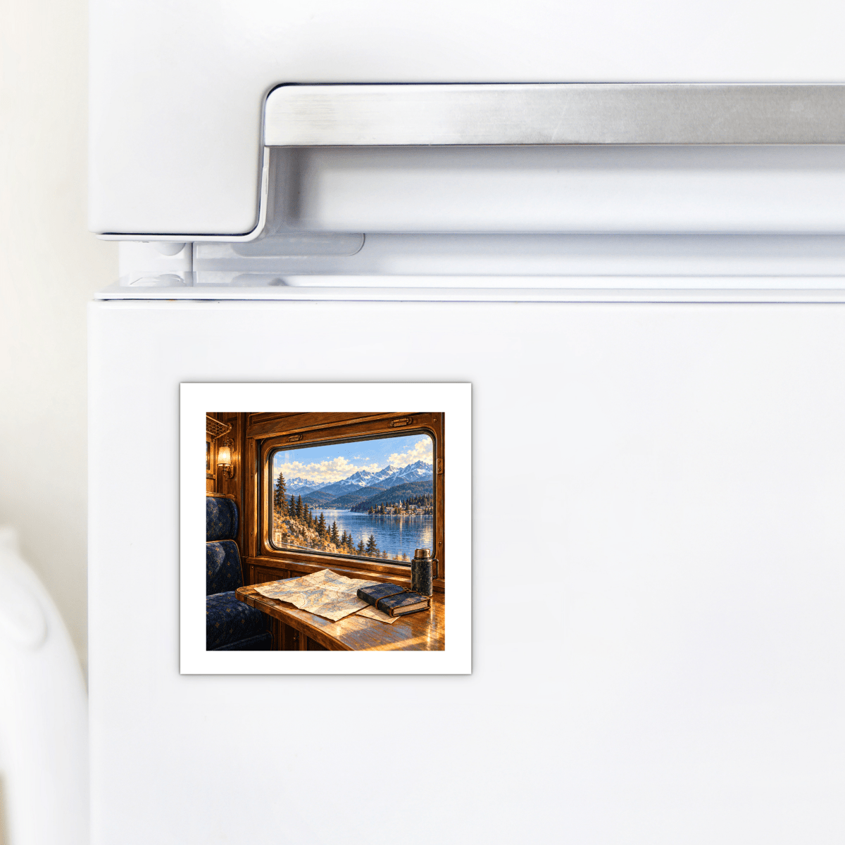 Window Seat Northbound Magnet on a white refrigerator, featuring a railway journey through a train window looking out over a lake and snow-capped mountains from a carriage with a map and book on the table.