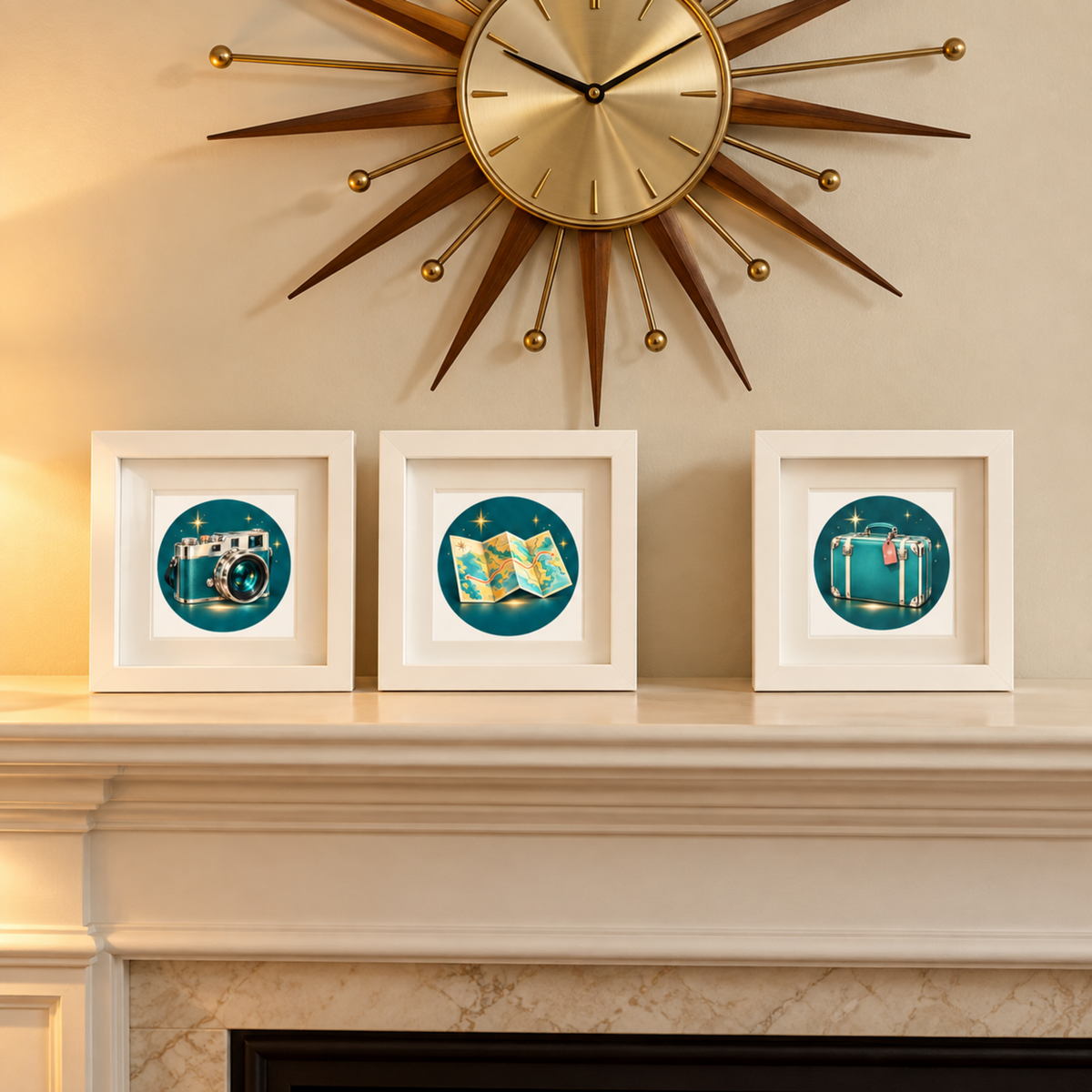 Somewhere Wonderful | Mirabilia Relics wall art featuring a camera, map, and suitcase in three white-framed square prints displayed on a mantelpiece beneath a mid-century modern starburst clock.