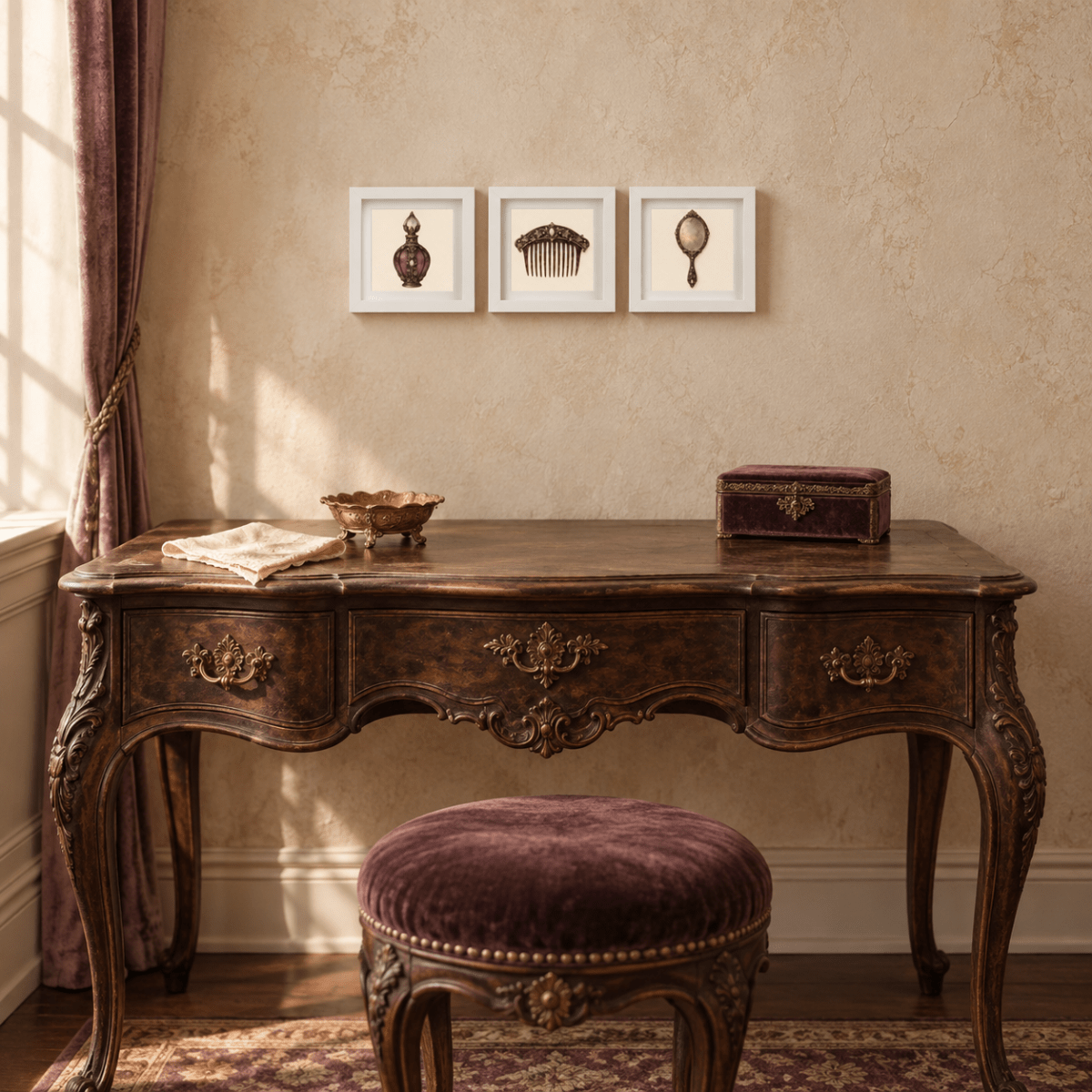 Beneath three elegant shadowbox frames showcasing vintage toiletry illustrations on a textured beige wall, The Last Dressing Table by Mirabilia Boutique stands resplendent—a beautifully ornate wooden vanity paired with a matching upholstered stool, its surface adorned with a decorative box and bowl. Sunlight streams in from the left, illuminating this exquisite piece from the Mirabilia Relics collection.