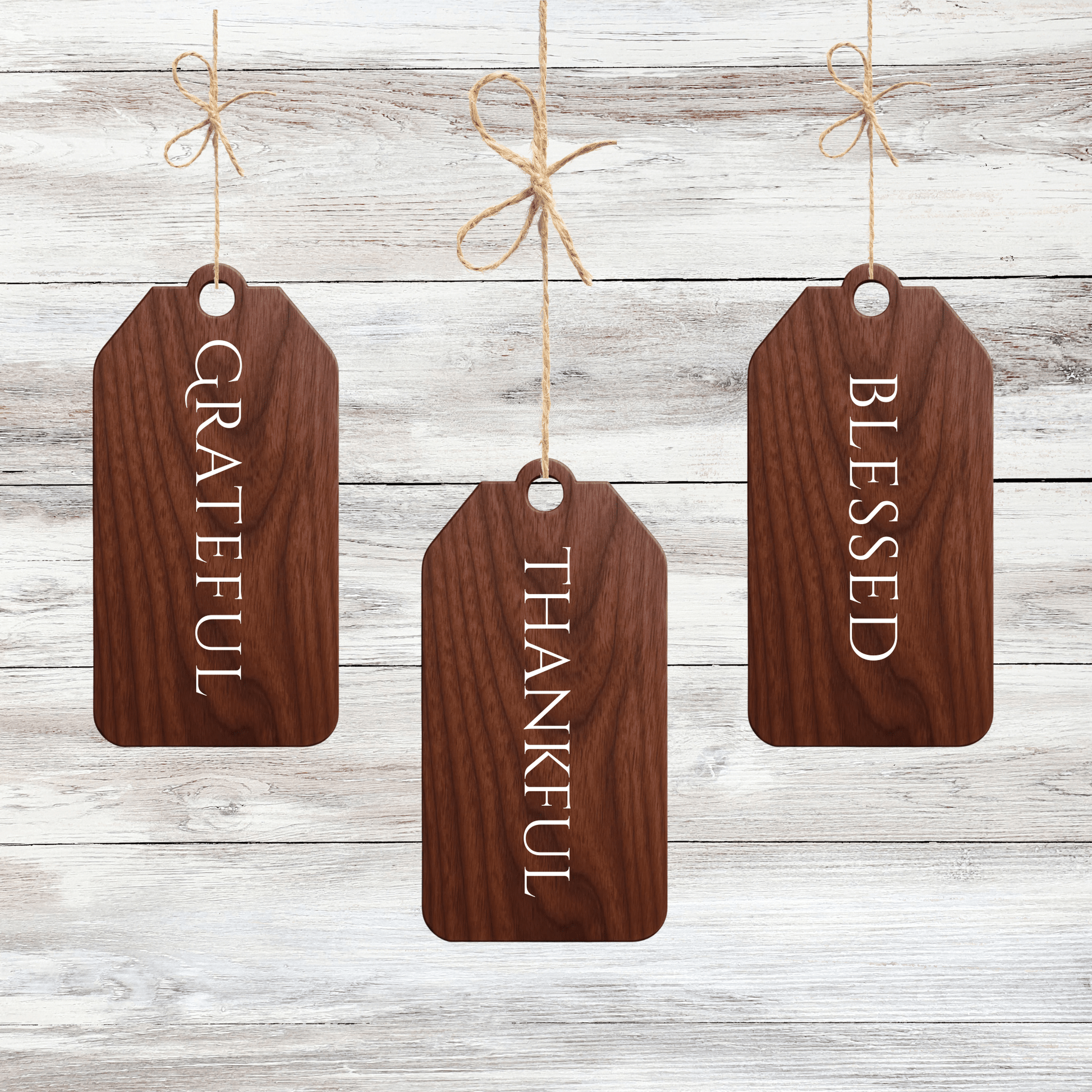 The Autumn Blessings Tags | Walnut Wood Fall Decor Set by Mirabilia Boutique features three walnut wood tags labeled “GRATEFUL,” “THANKFUL,” and “BLESSED”—perfect Thanksgiving decorations for your space.