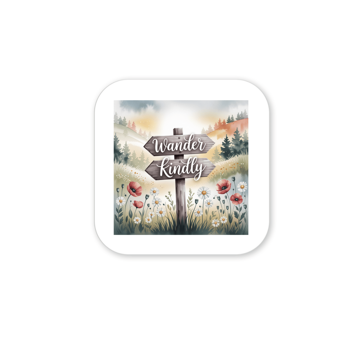 Illustration of the "Wander Kindly Magnet | Inspirational Nature Quote Decor" by Mirabilia Boutique, featuring a wooden signpost in a scenic meadow with wildflowers, distant hills, and pine trees under a bright sky.