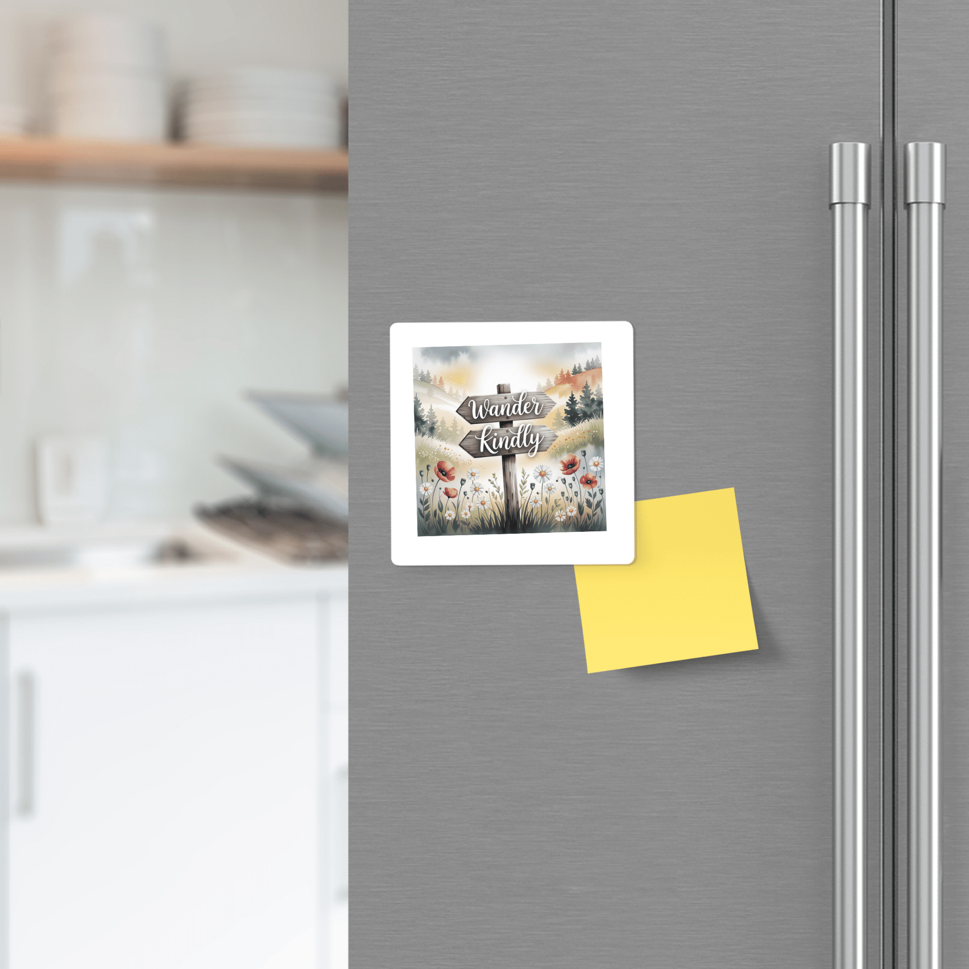 The Wander Kindly Magnet by Mirabilia Boutique, featuring an inspirational nature quote, is displayed on a silver fridge beside a yellow sticky note, bringing uplifting decor to the modern kitchen.
