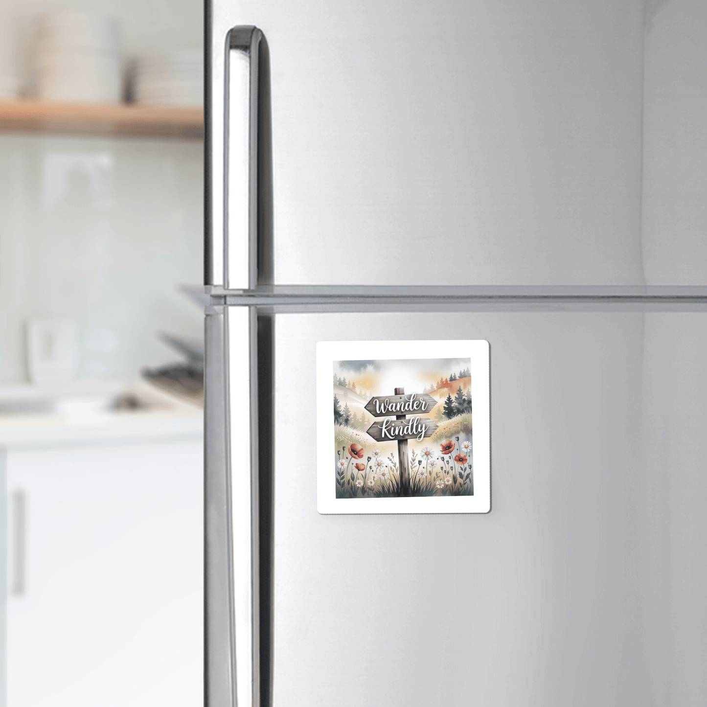 The Mirabilia Boutique Wander Kindly Magnet, featuring an inspirational nature quote, decorates a stainless steel fridge in a modern kitchen.