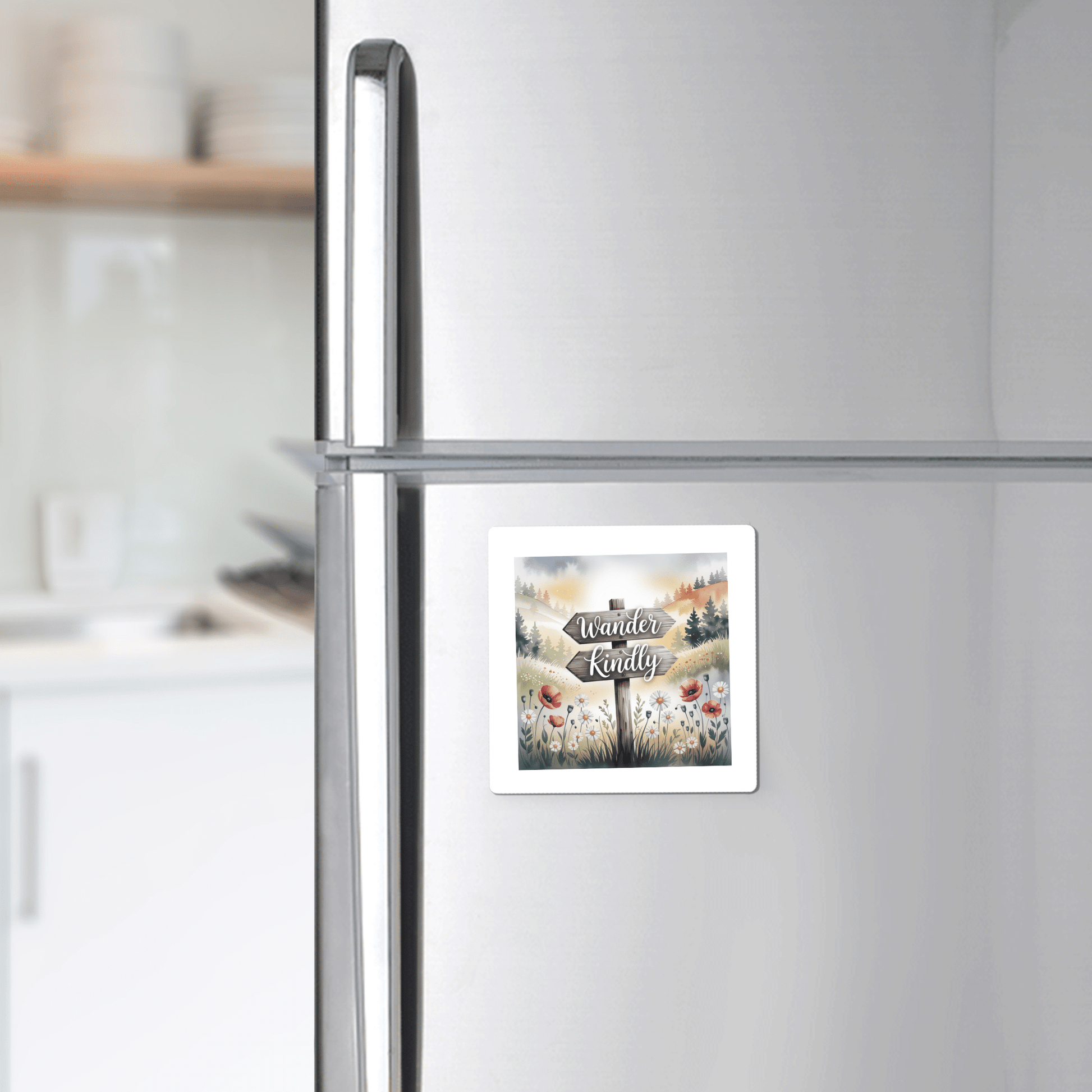 The Mirabilia Boutique Wander Kindly Magnet, featuring an inspirational nature quote, decorates a stainless steel fridge in a modern kitchen.