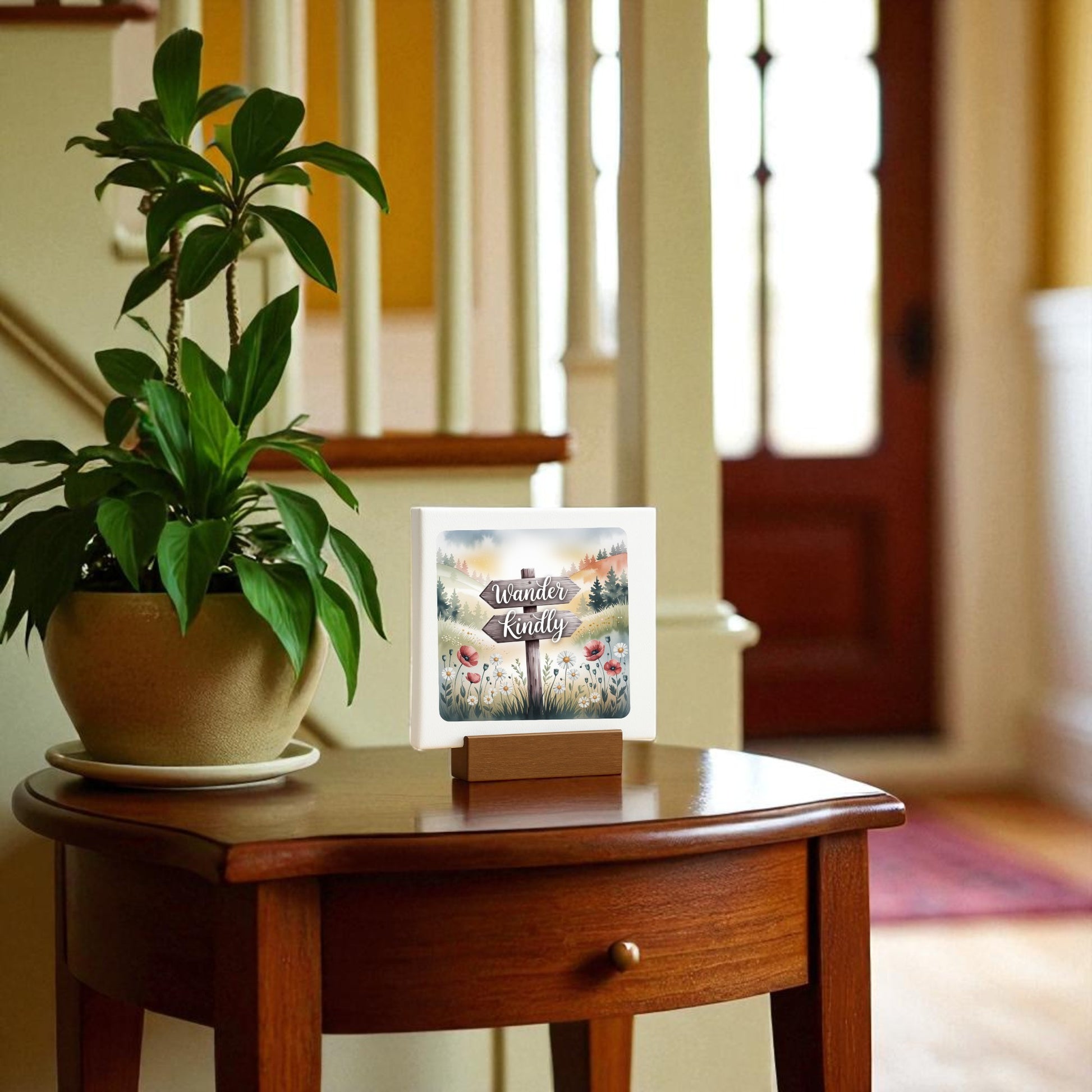 A warmly lit entryway features a small wooden table with a potted plant and the Mirabilia Boutique Wander Kindly Mini Sign | Nature-Inspired Shelf Decor, adding meadowcore charm near the staircase and front door.