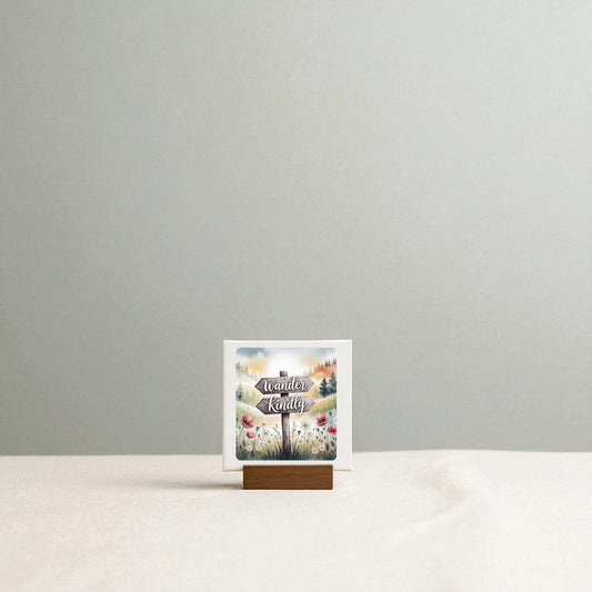 A small card on a wooden stand reads "Wander Kindly" by Mirabilia Boutique, featuring a nature-inspired floral design—perfect mini shelf decor—displayed on a beige surface with a light gray background.