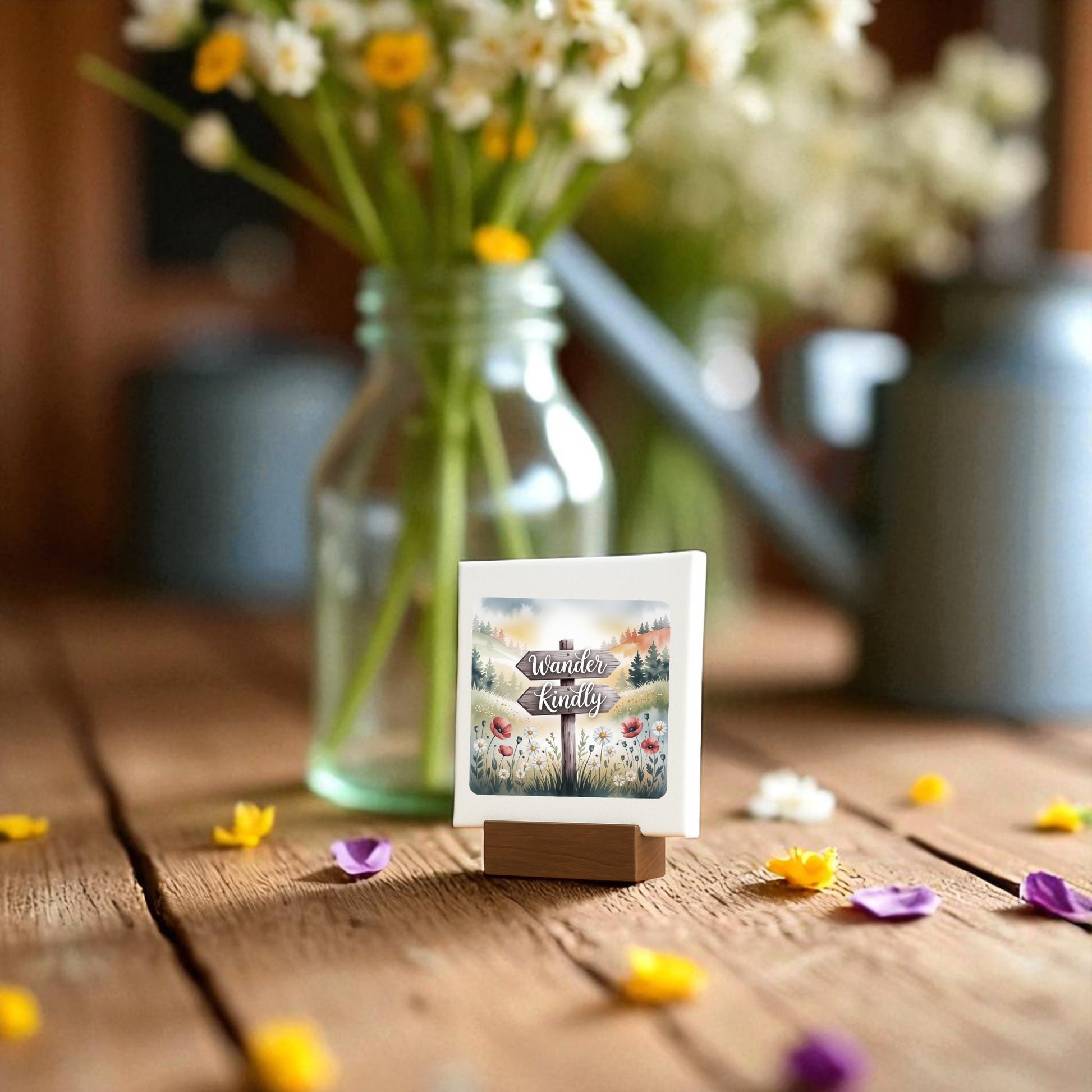 The Wander Kindly Mini Sign by Mirabilia Boutique, featuring a nature-inspired floral and mountain design, sits on a wooden table amid blurred flowers in jars and scattered petals for a dreamy meadowcore look.