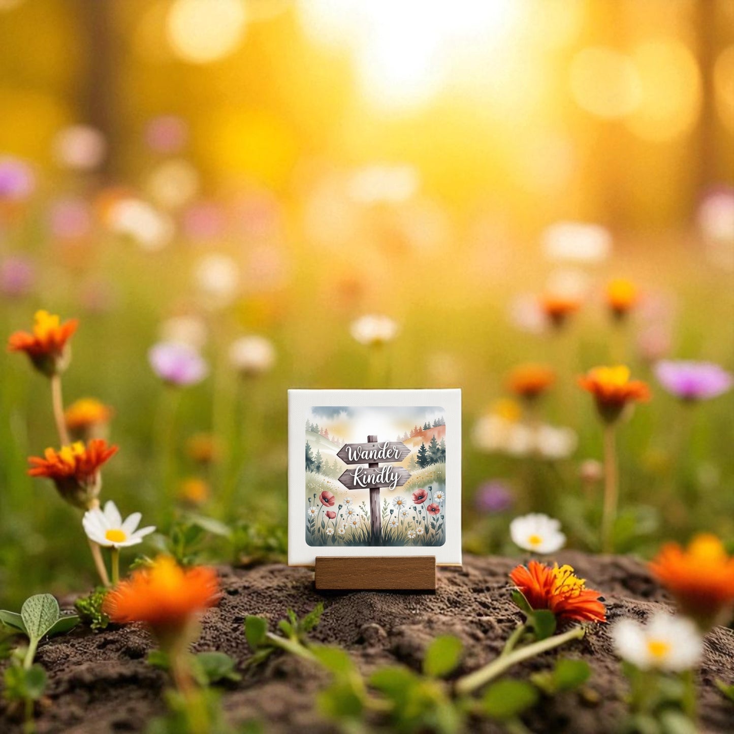 The Wander Kindly Mini Sign by Mirabilia Boutique sits on soil among wildflowers, blending nature-inspired charm with meadowcore décor. This wooden stand sign adds a whimsical touch to any shelf or home display.