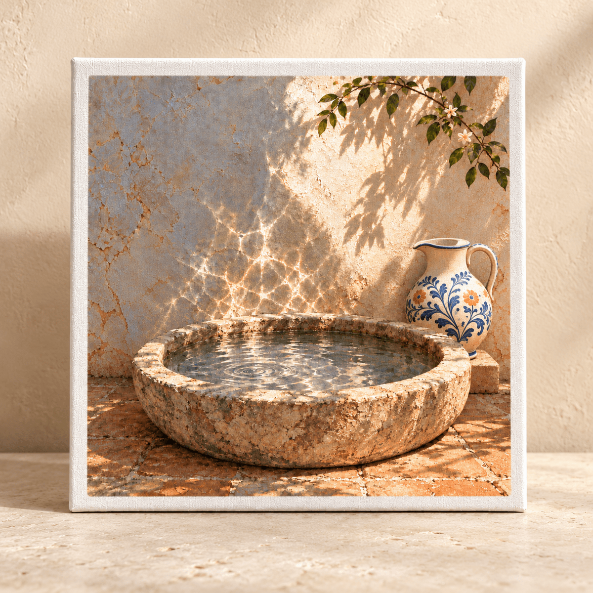The Water Against the Wall Canvas features a square artwork of a stone basin filled with water, a patterned ceramic pitcher, and dappled sunlight against a textured wall in a serene courtyard scene.