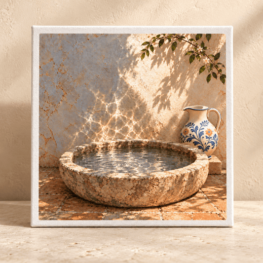 The Water Against the Wall Canvas features a square artwork of a stone basin filled with water, a patterned ceramic pitcher, and dappled sunlight against a textured wall in a serene courtyard scene.