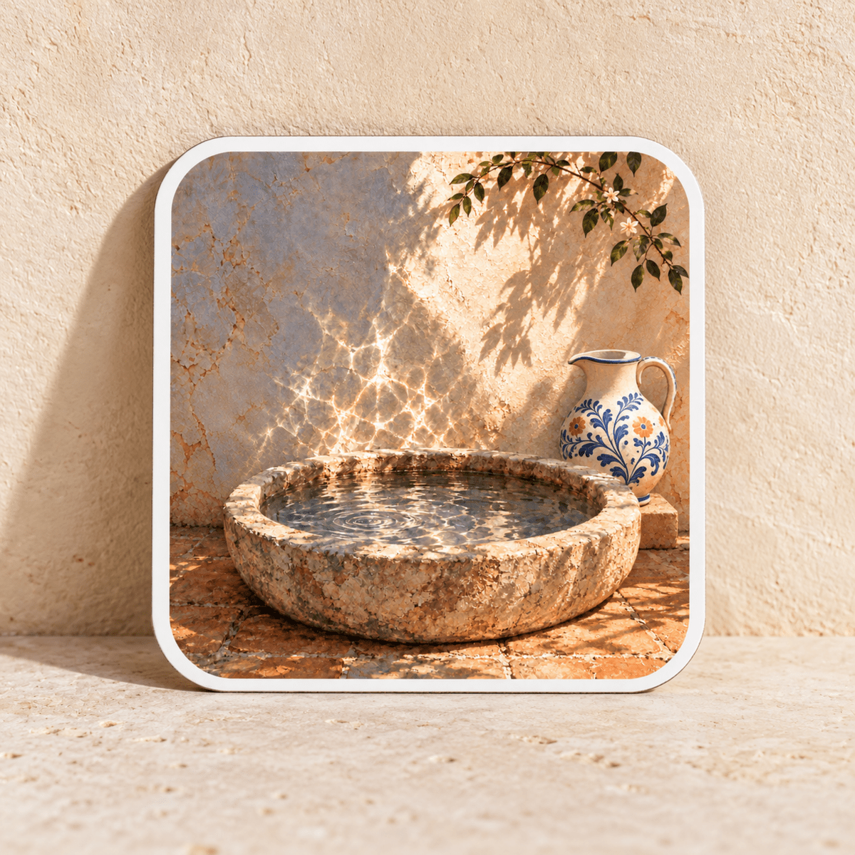Water Against the Wall Magnet featuring a square courtyard scene with a stone basin filled with water beside a patterned ceramic pitcher against a textured wall.