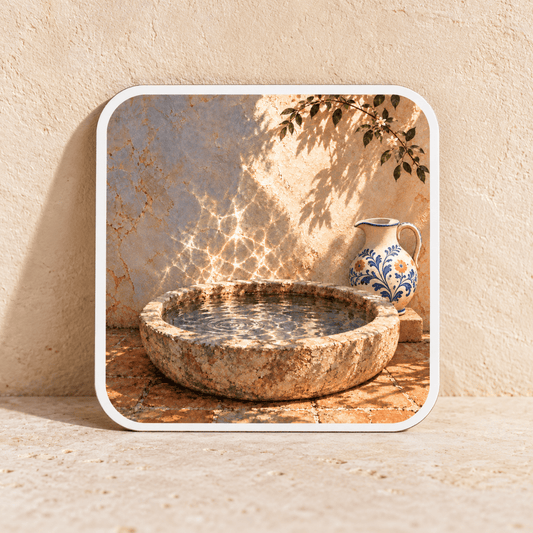 Water Against the Wall Magnet featuring a square courtyard scene with a stone basin filled with water beside a patterned ceramic pitcher against a textured wall.