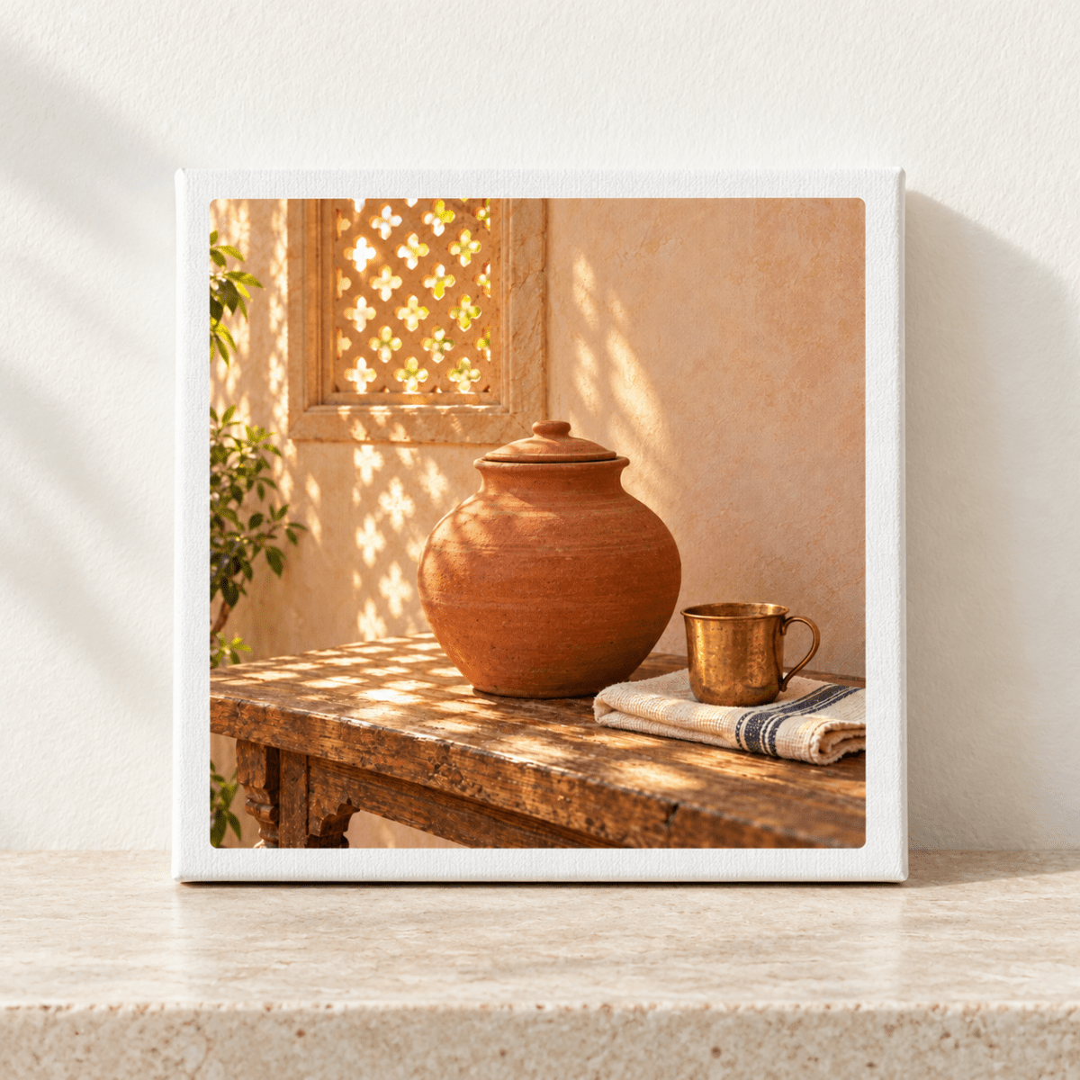 A terracotta pot with a lid and a metal cup on a folded cloth sit on a wooden table in the Water Kept Cool Canvas | Sand & Saffron still life.