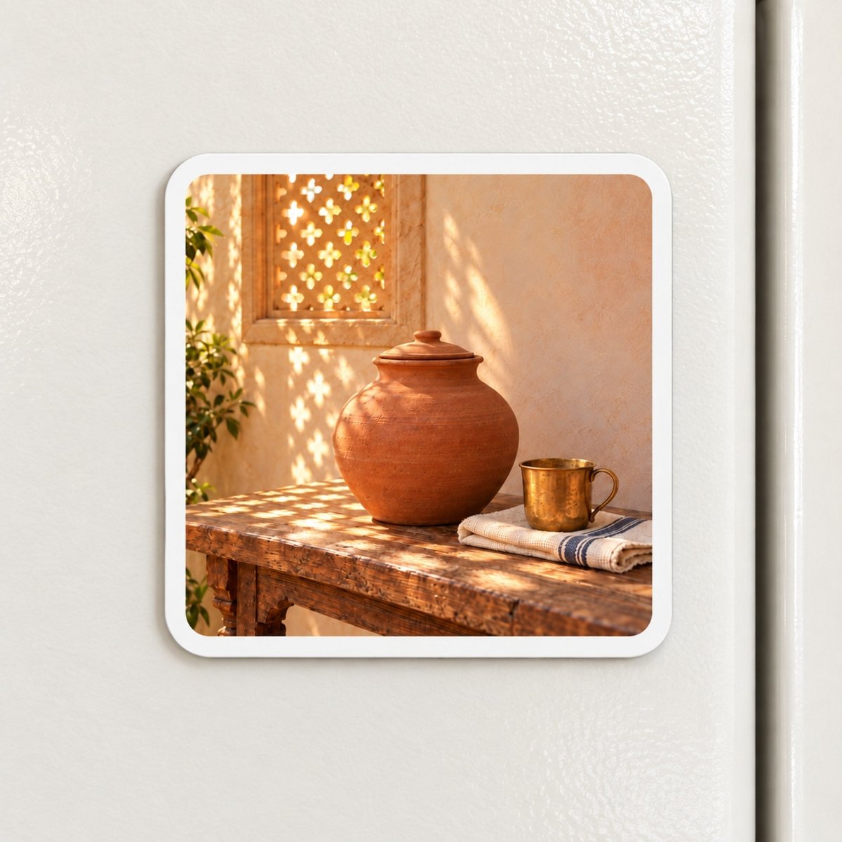 Water Kept Cool Magnet | Sand & Saffron square decorative hardboard magnet featuring a terracotta pot and a brass cup resting on a wooden table in front of a patterned window.