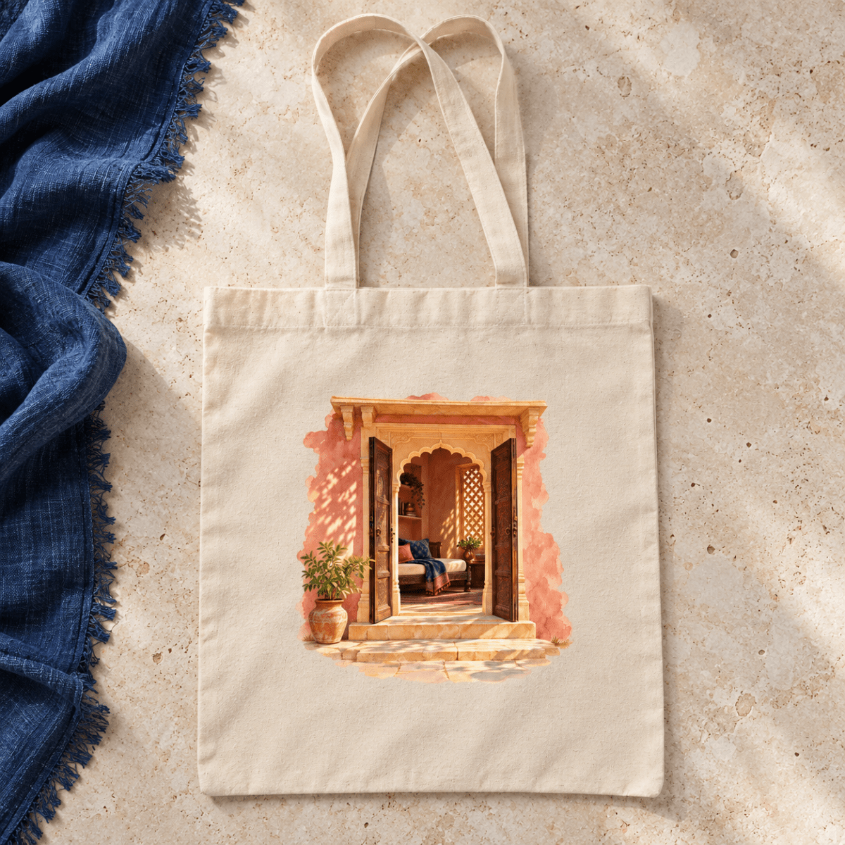 A Place to Return Tote Bag in natural canvas, featuring a watercolor illustration of an open arched doorway leading into a sunlit room.