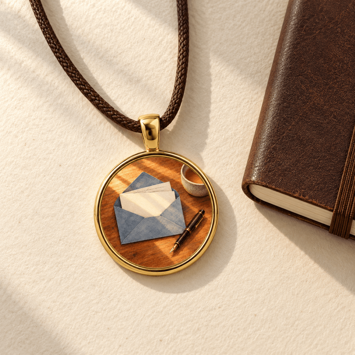 Note to a Dear Friend | Story Pendant Necklace featuring a miniature artwork of an open envelope with a letter, a fountain pen, and a small cup on a wood-grain background, next to a dark-bound notebook.