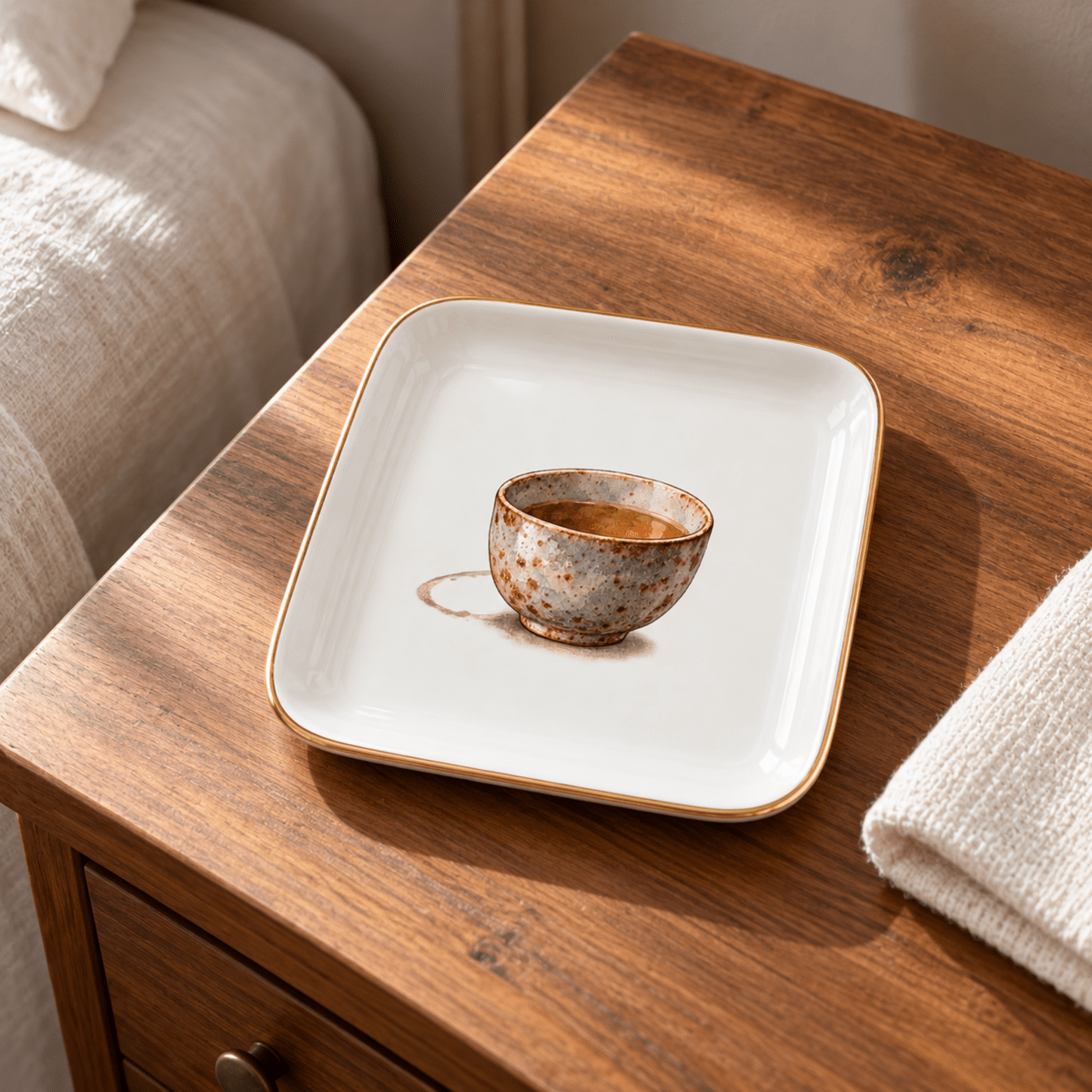A Cup Set Down Ceramic Jewelry Tray is a square ceramic jewelry tray with a gold rim, featuring a watercolor illustration of a tea cup and a small spill.