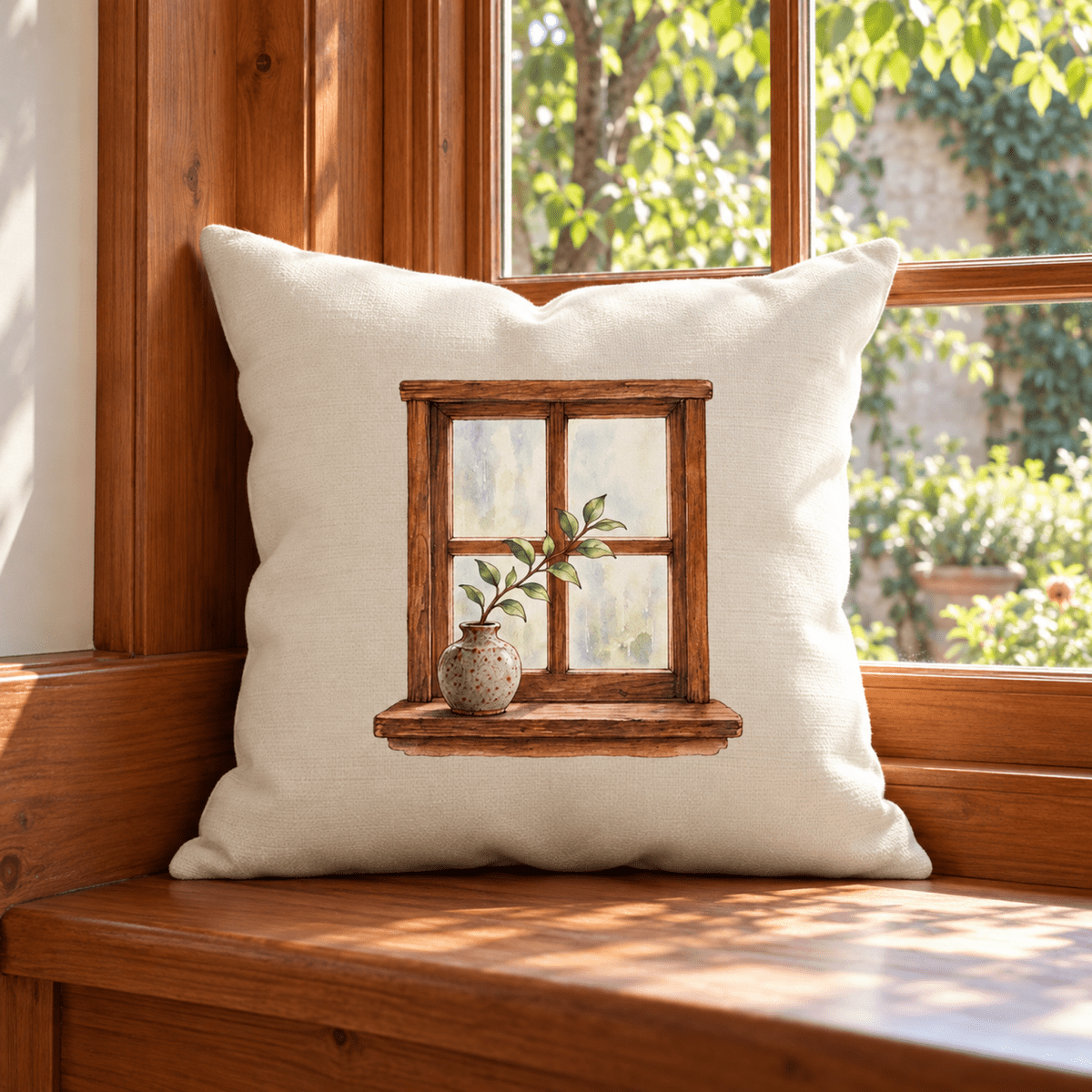 Leaf at the Window Decorative Pillow featuring a watercolor illustration of a vase with a leafy branch, resting on a wooden windowsill in front of a window.