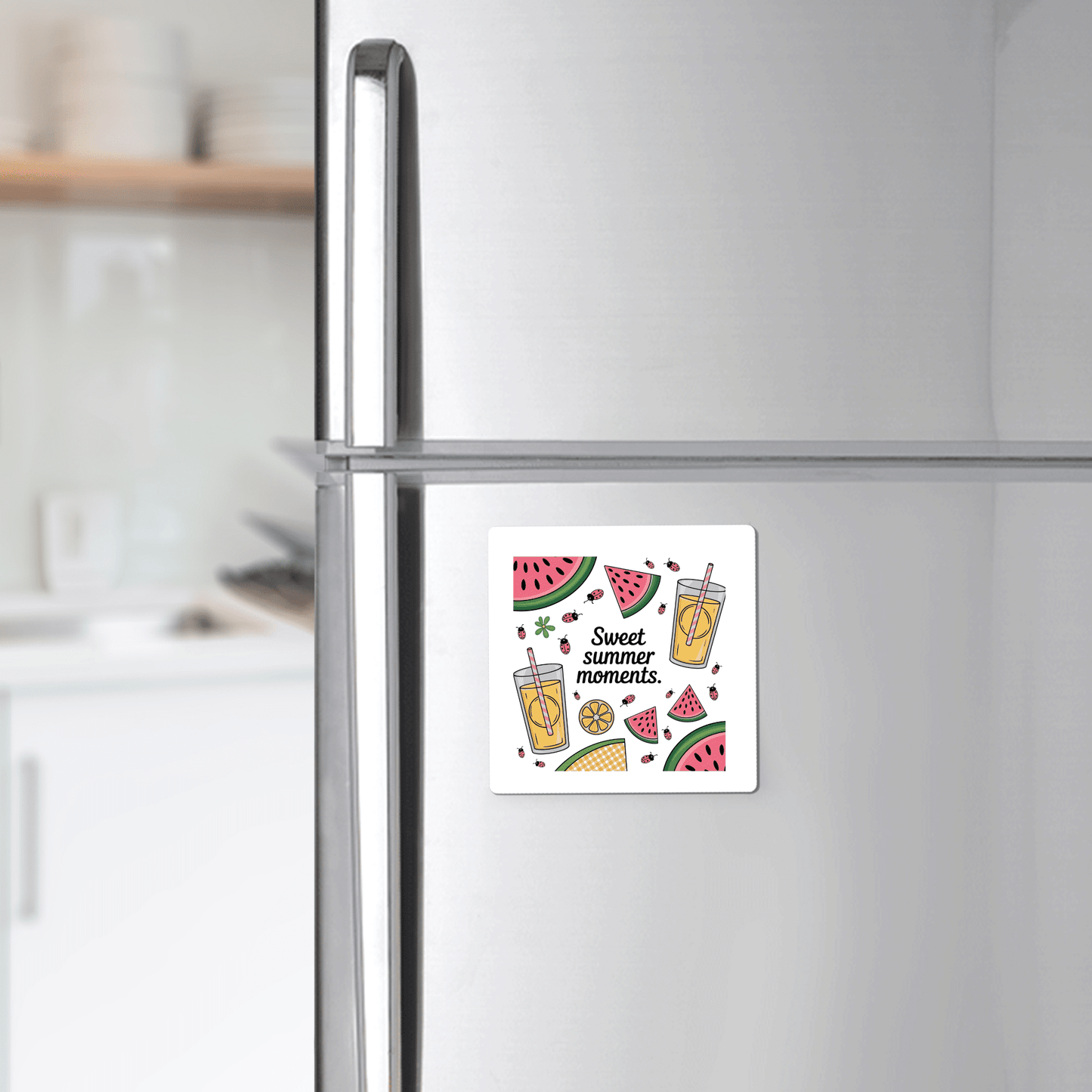The Mirabilia Boutique "Sweet Summer Moments Magnet – Watermelon & Lemonade Fridge Art" decorates your fridge with vibrant lemonade, watermelon, orange slices, and cheerful text for a summery kitchen vibe.