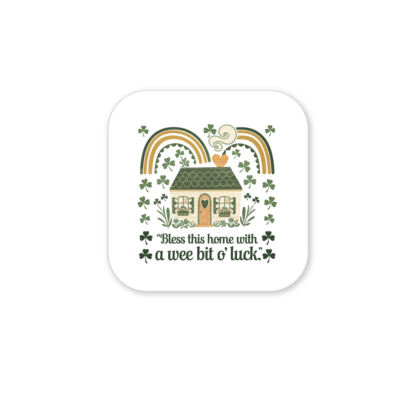 The Wee Bit o’ Luck Irish Home Magnet by Mirabilia Boutique features an Irish cottage with a green roof, shamrocks, rainbows, and heart-shaped smoke, plus the phrase “Bless this home with a wee bit o’ luck”—a charming Celtic decor accent.