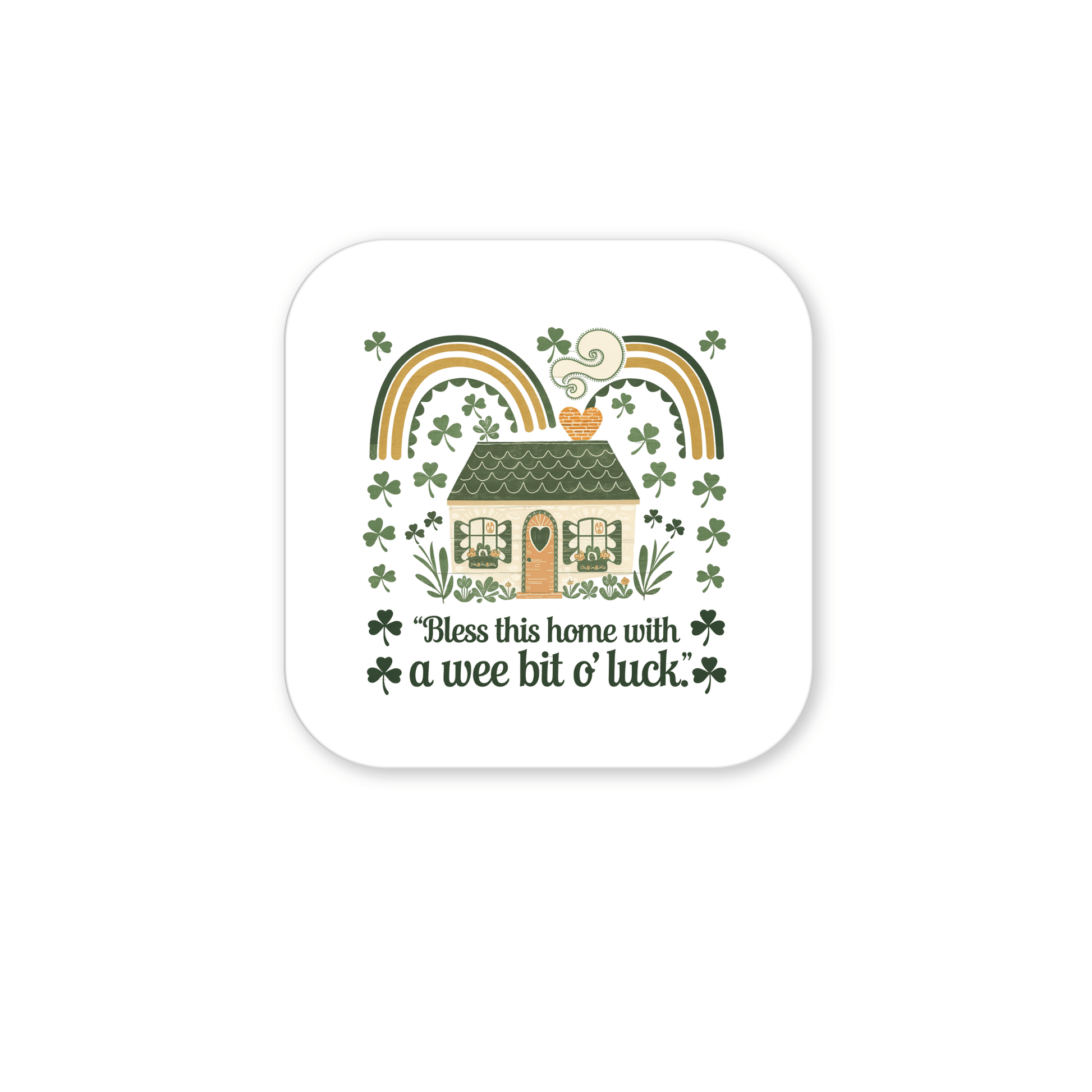 The Wee Bit o’ Luck Irish Home Magnet by Mirabilia Boutique features an Irish cottage with a green roof, shamrocks, rainbows, and heart-shaped smoke, plus the phrase “Bless this home with a wee bit o’ luck”—a charming Celtic decor accent.