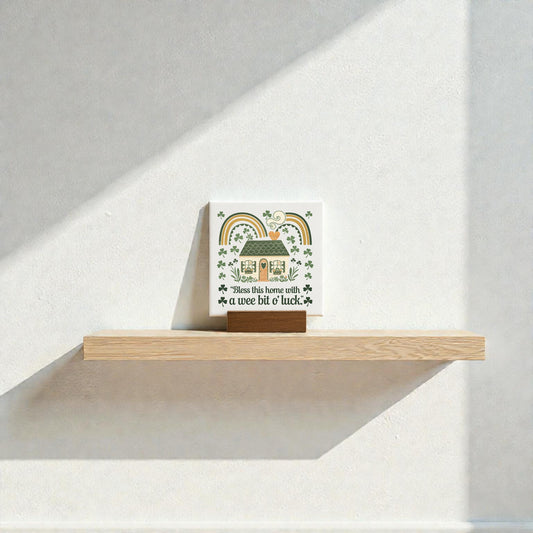 A Wee Bit of Luck Canvas Sign – Irish Cottage Charm by Mirabilia Boutique adds cottagecore flair to a white wall, featuring rainbows, shamrocks, and "Bless this home with a wee bit o' luck" for charming farmhouse decor. Sunlight casts a shadow below.