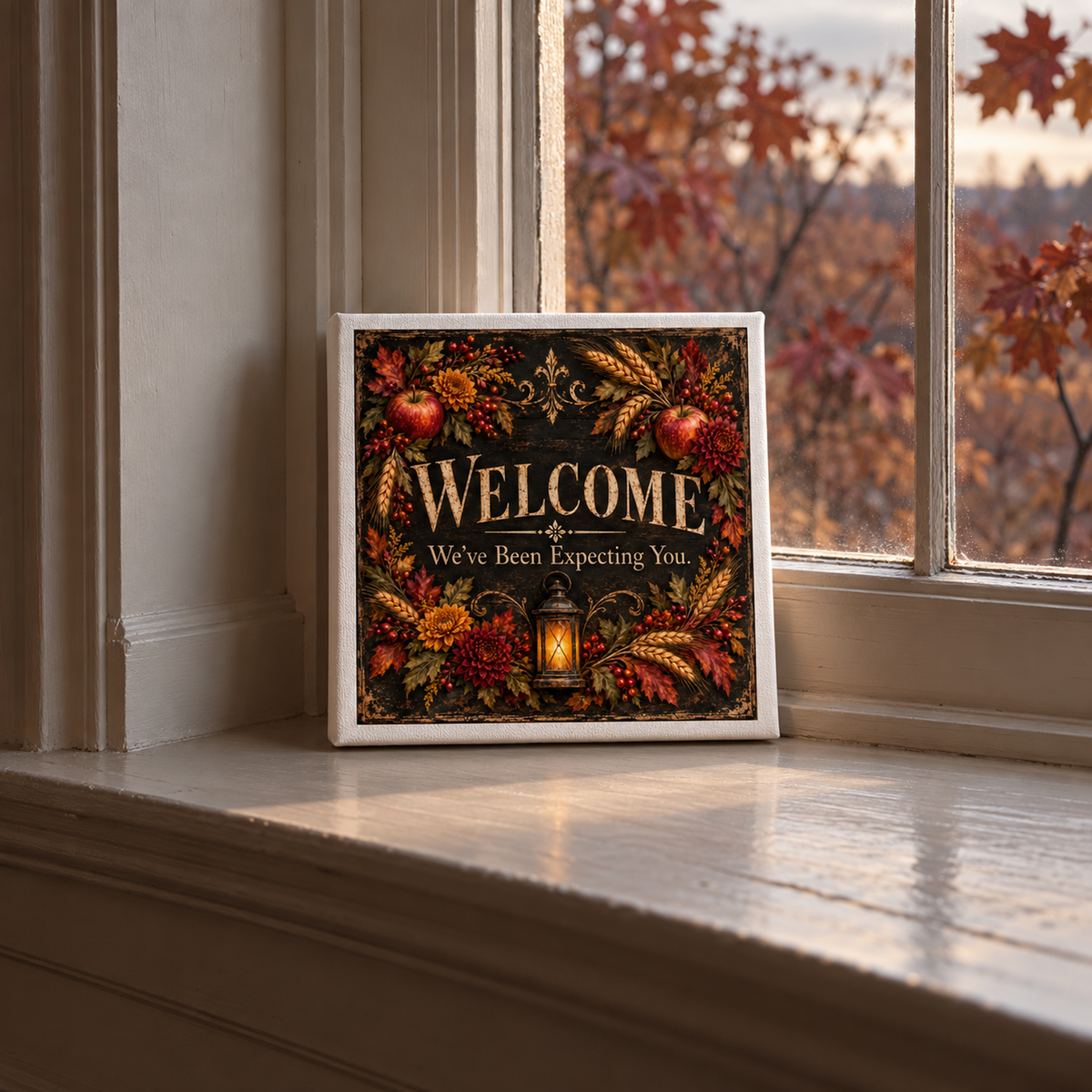The Welcome, We’ve Been Expecting You Canvas Sign by Mirabilia Boutique features leaves and a lantern, framed and displayed on a windowsill with fall foliage outside.