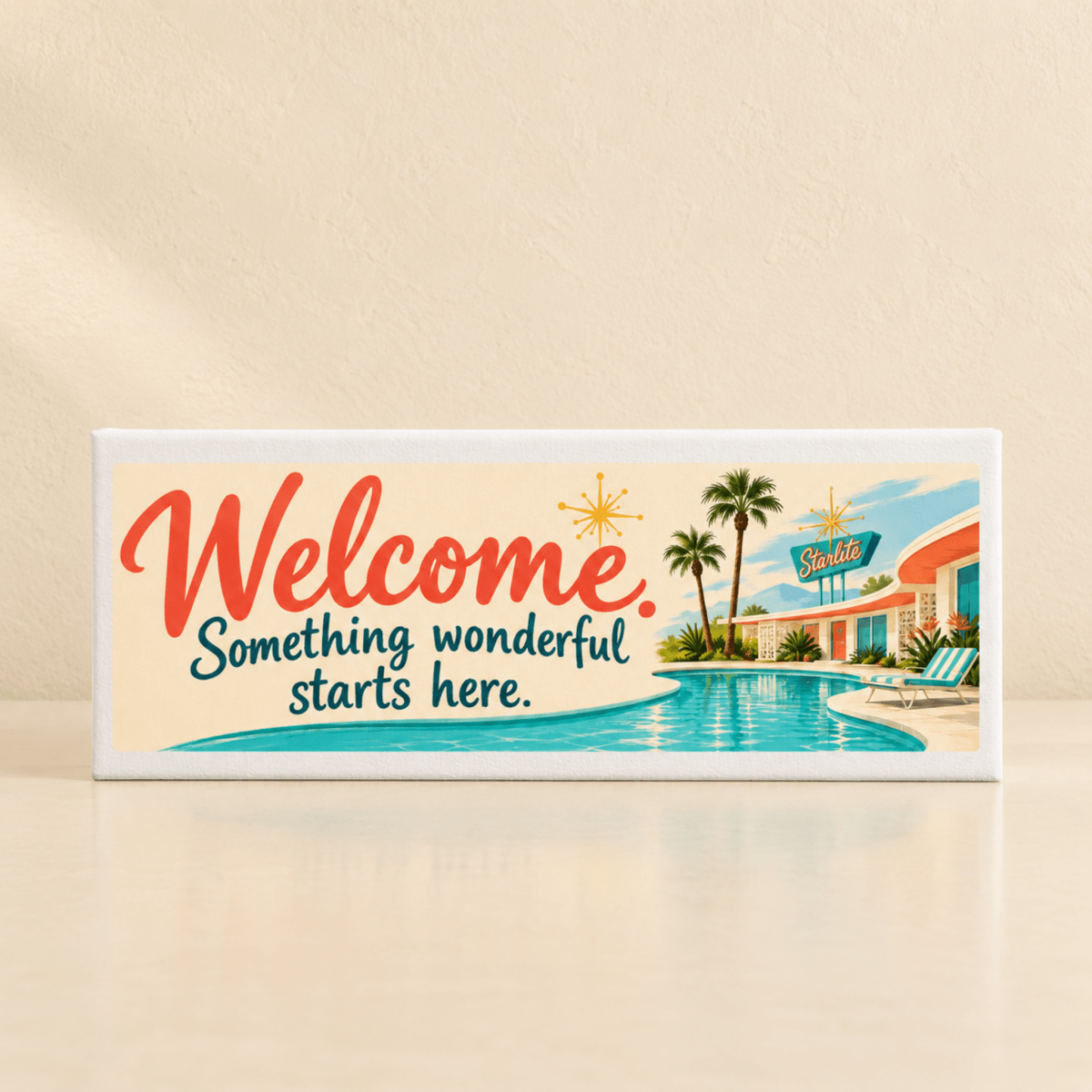 Rectangular Welcome, Something Wonderful Starts Here Shelf Sitter | Chrome & Starlight wall art featuring a mid-century modern pool scene and the text, “Welcome. Something wonderful starts here.”.