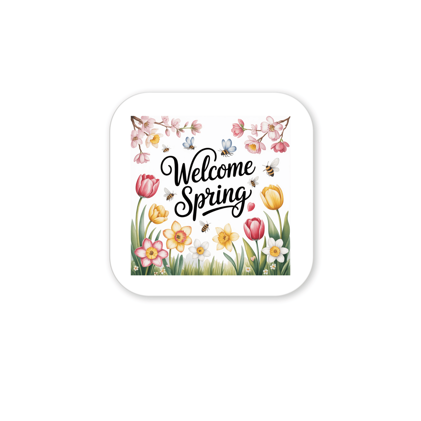 The Welcome Spring Magnet – Floral Garden and Bees by Mirabilia Boutique features “Welcome Spring” amid tulips, daffodils, butterflies, bees, and cherry blossoms—ideal as a seasonal fridge accent or cheerful spring gift.