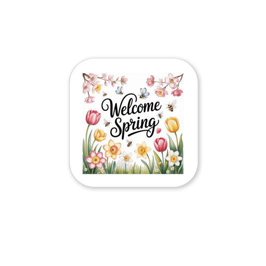 The Welcome Spring Magnet – Floral Garden and Bees by Mirabilia Boutique features “Welcome Spring” amid tulips, daffodils, butterflies, bees, and cherry blossoms—ideal as a seasonal fridge accent or cheerful spring gift.