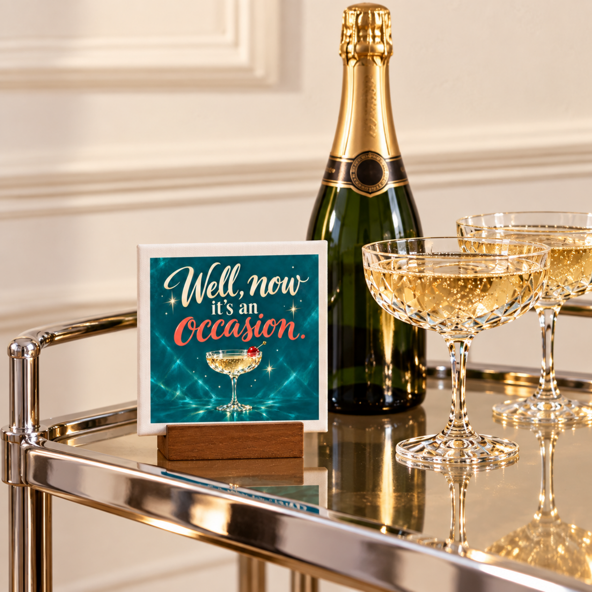A Well, Now It’s an Occasion Mini Bar Sign | Chrome & Starlight sits on a bar cart next to a bottle of champagne and two filled coupe glasses.